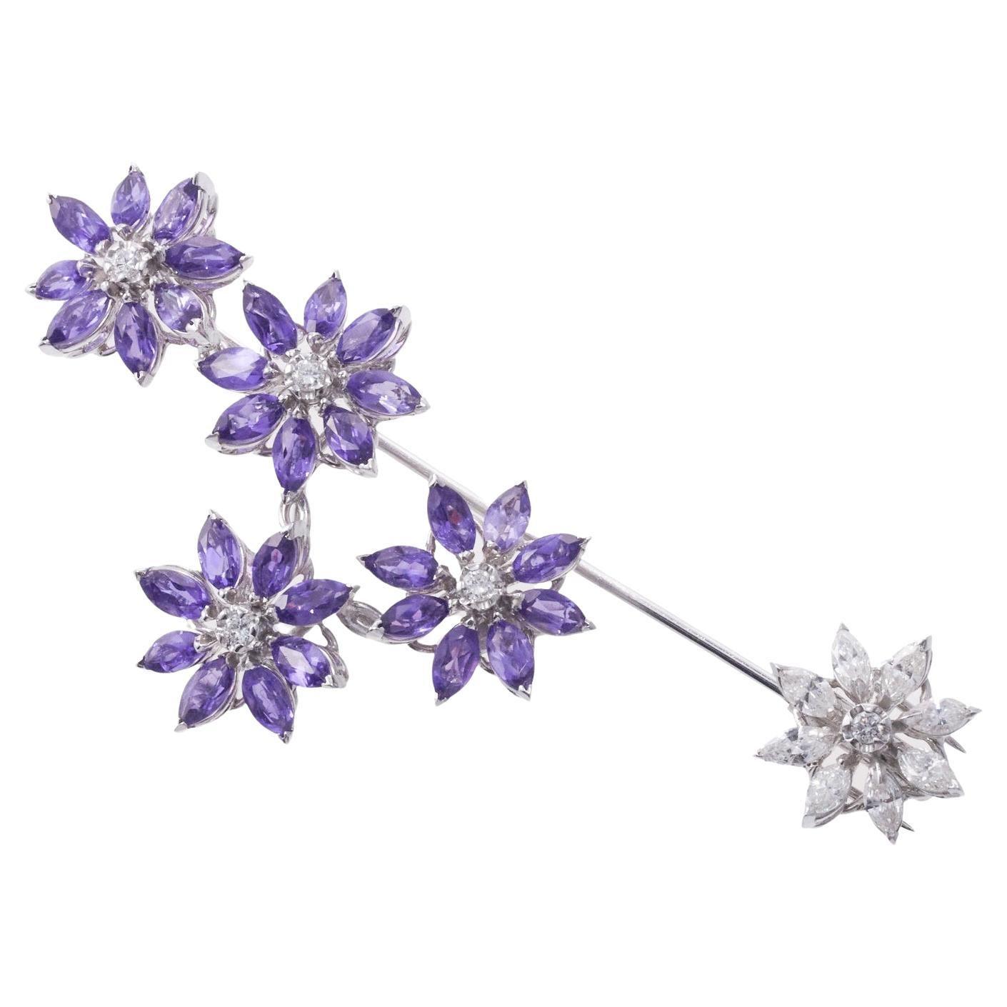 Asprey of London Amethyst and Diamond Flower Gold Jabot Brooch