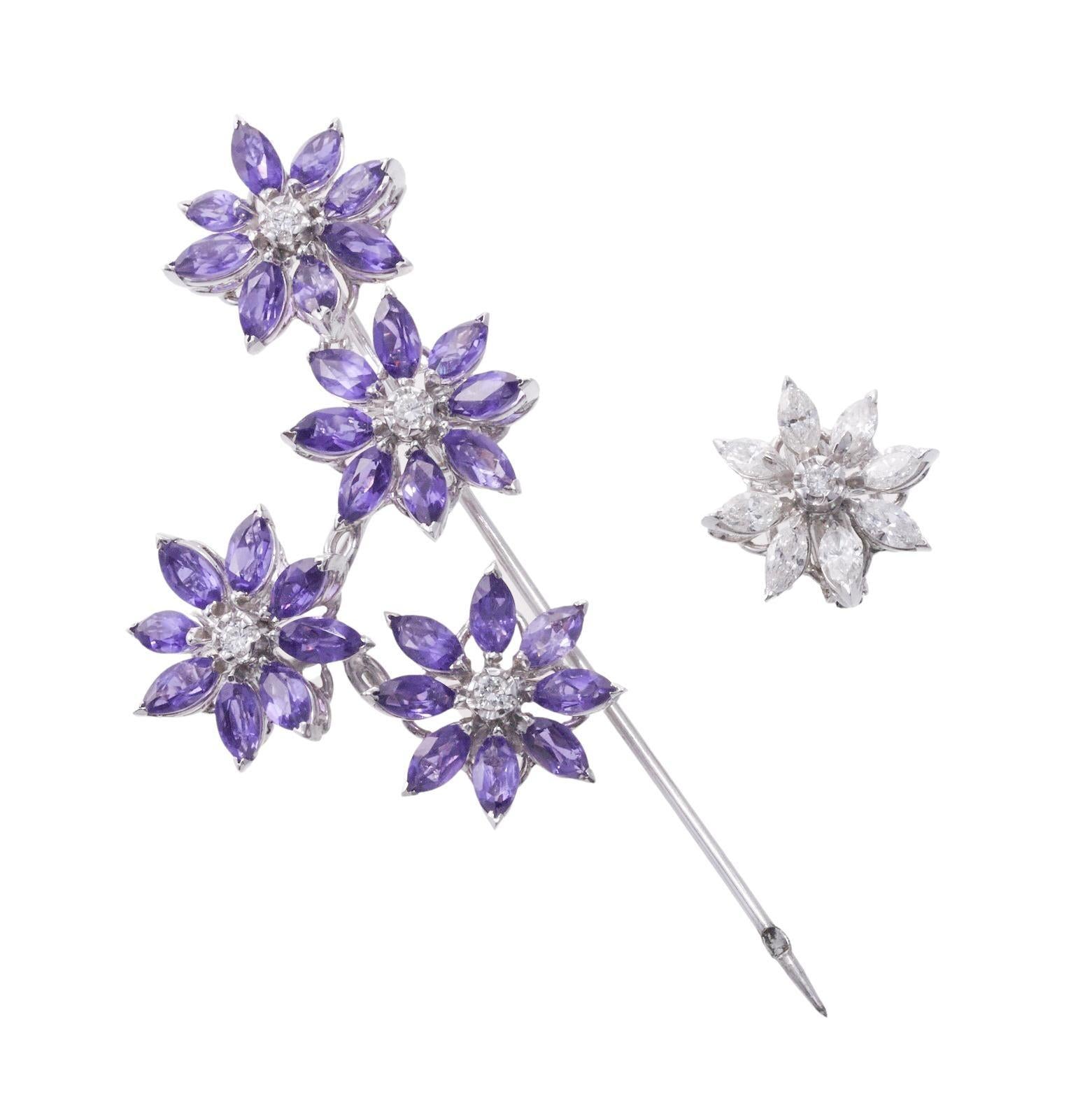 Asprey of London Amethyst and Diamond Flower Gold Jabot Brooch