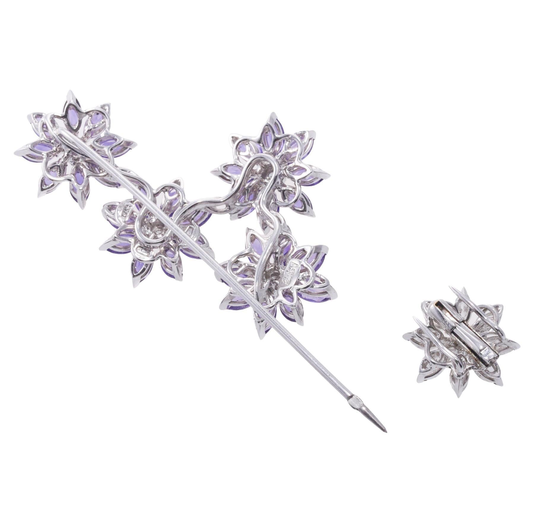 Asprey of London Amethyst and Diamond Flower Gold Jabot Brooch