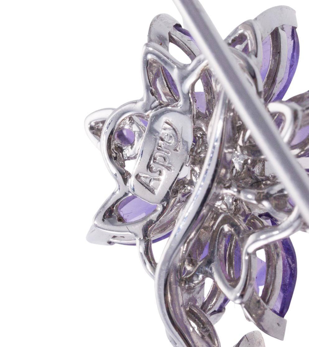 Asprey of London Amethyst and Diamond Flower Gold Jabot Brooch