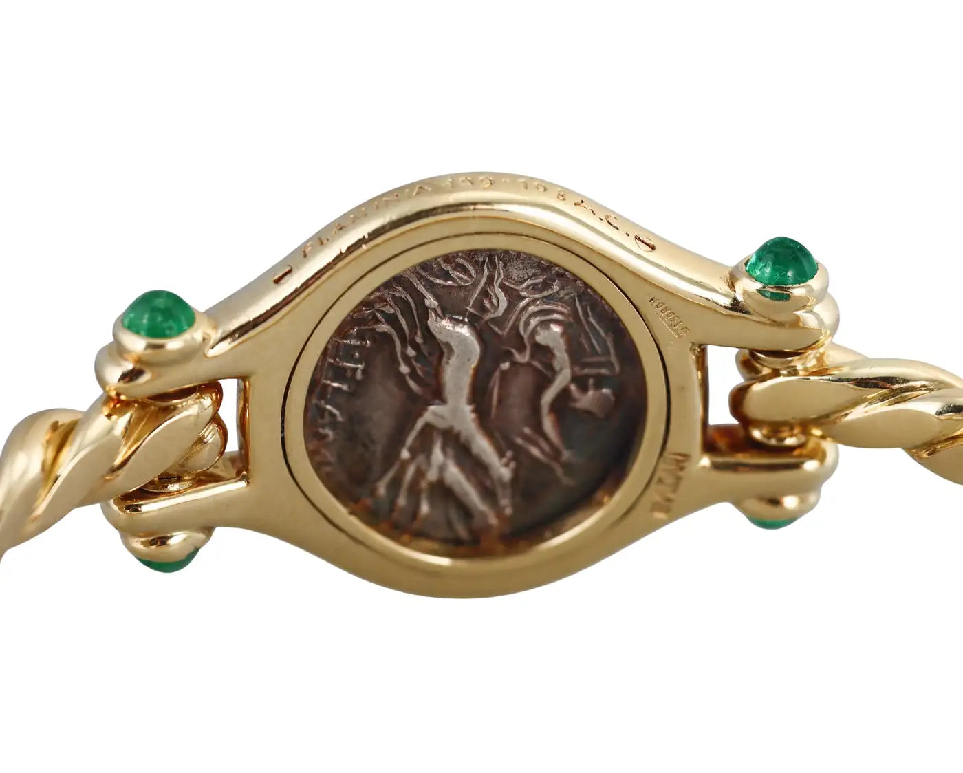 Bulgari Monete Ancient Coin Flaminia 109-108 A.C. Emerald Yellow Gold Bracelet