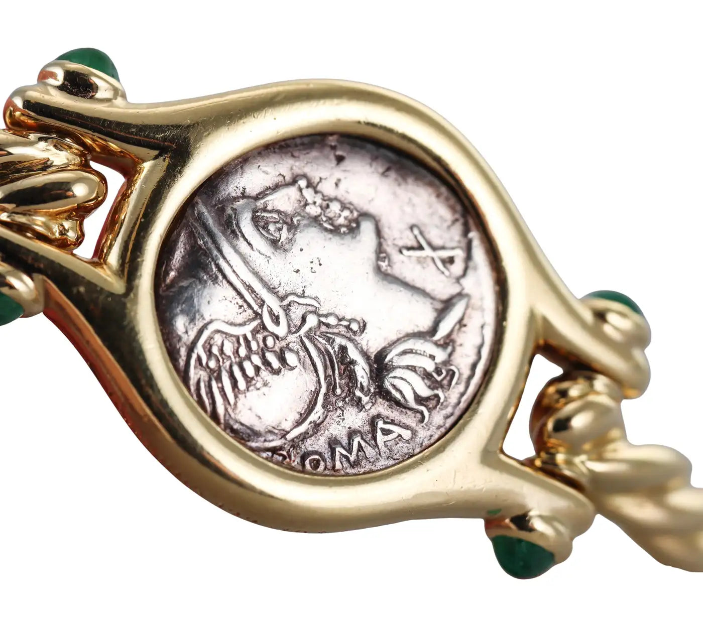 Bulgari Monete Ancient Coin Flaminia 109-108 A.C. Emerald Yellow Gold Bracelet