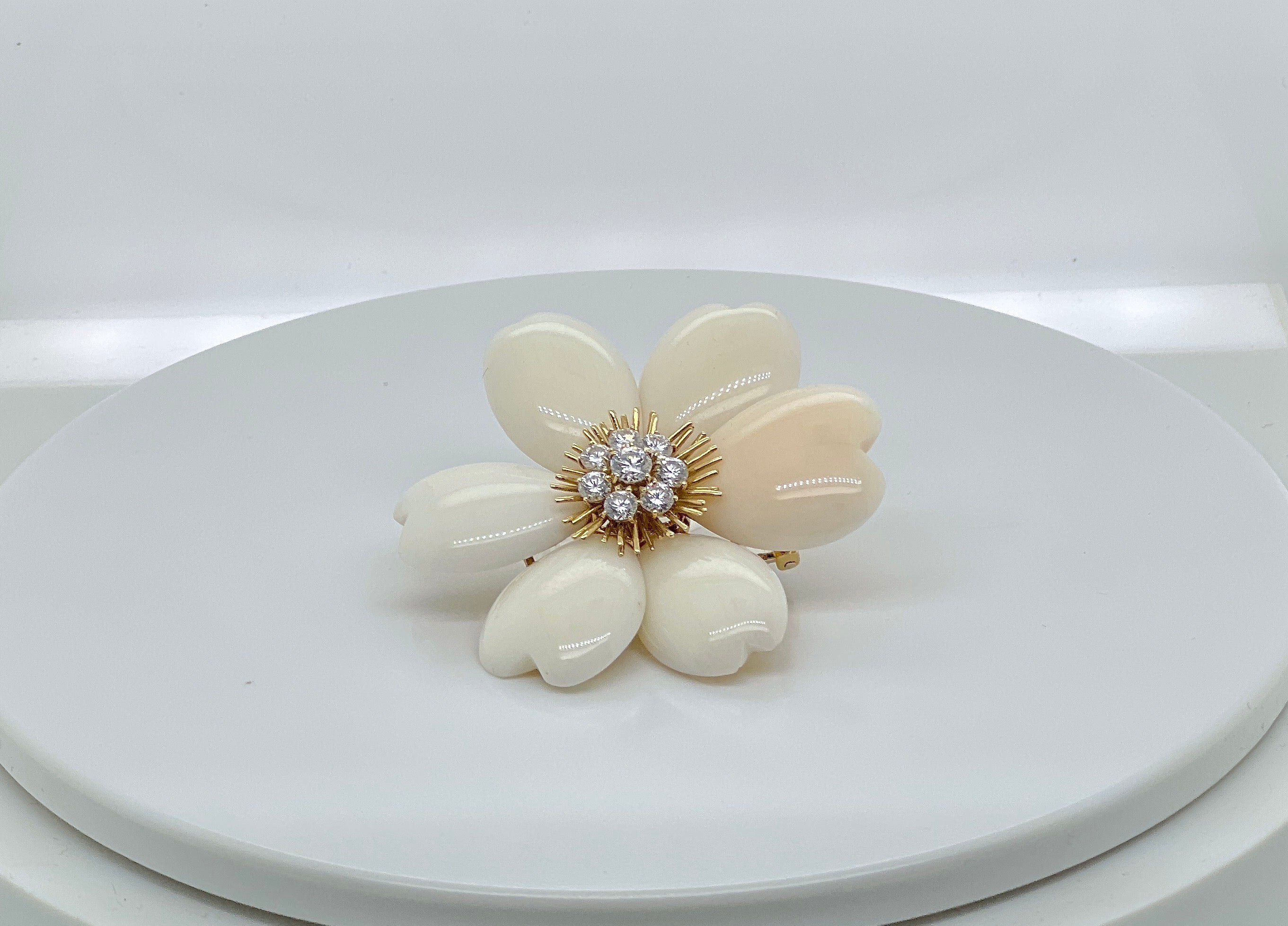 Carved White Coral, Gold and Diamond Flower Clip-Brooch