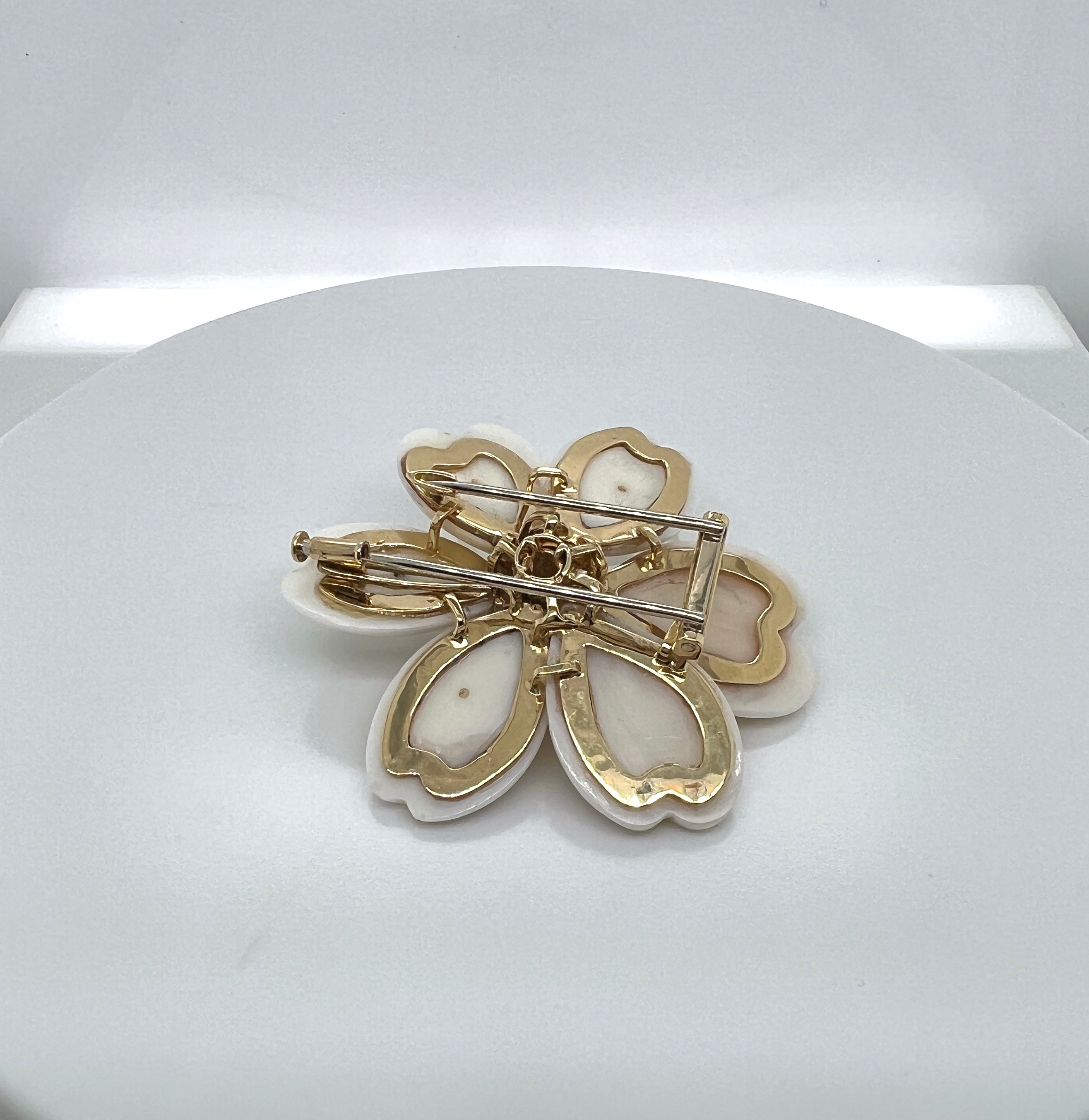 Carved White Coral, Gold and Diamond Flower Clip-Brooch