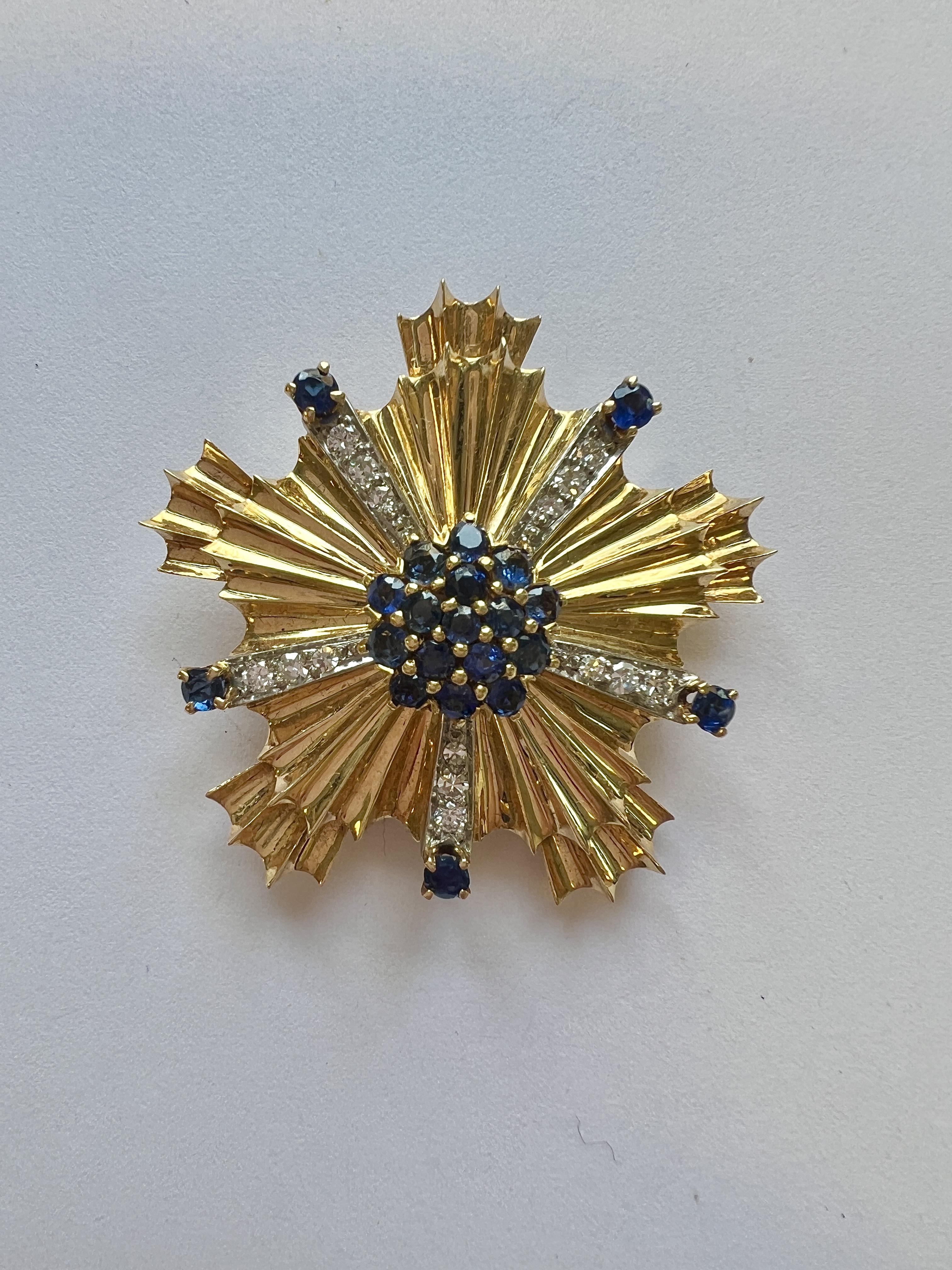 Tiffany & Co Retro Sapphire Diamond Gold Large Brooch