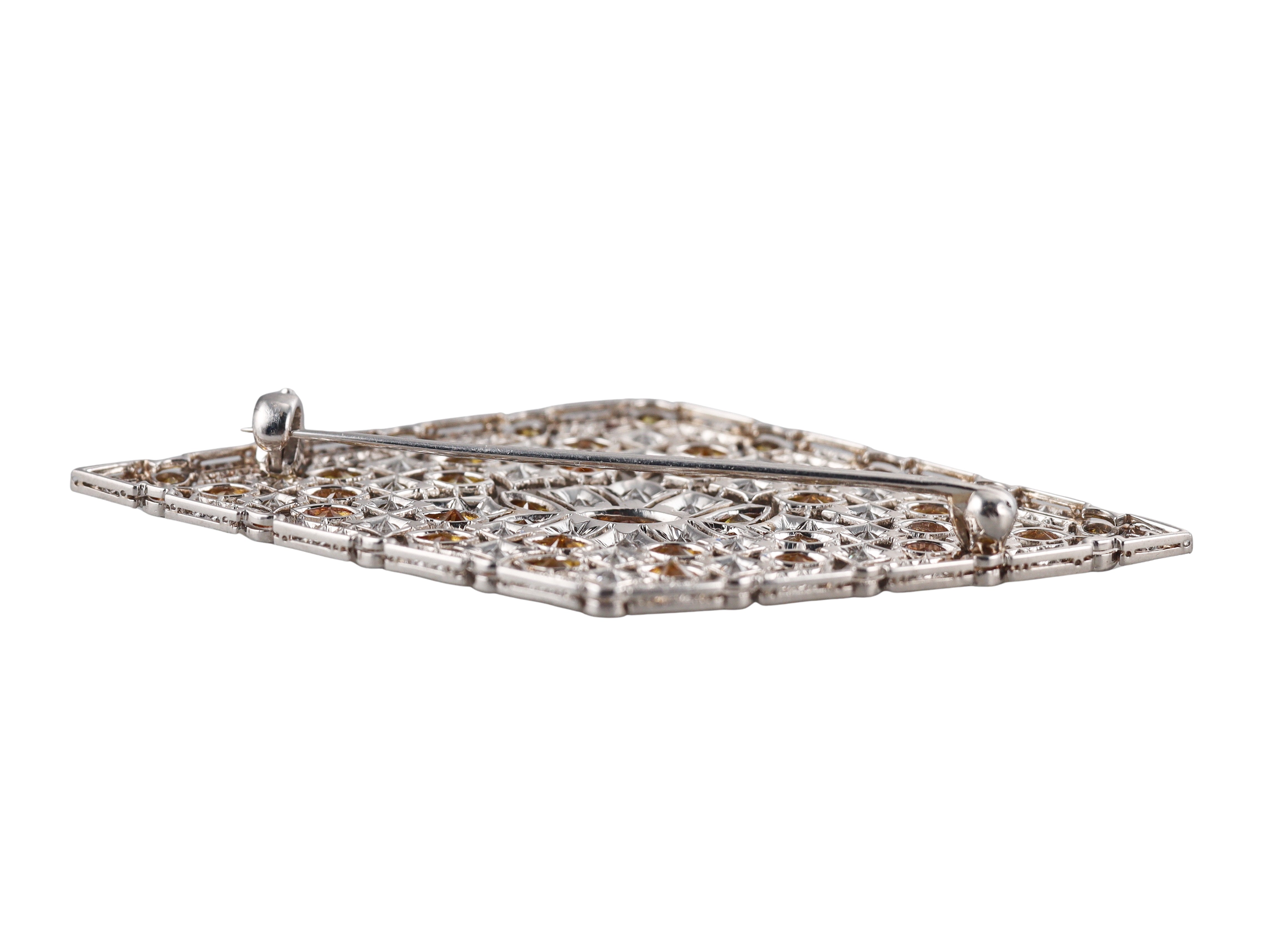 Art Deco Filigree Fancy Diamond Platinum Brooch Pin