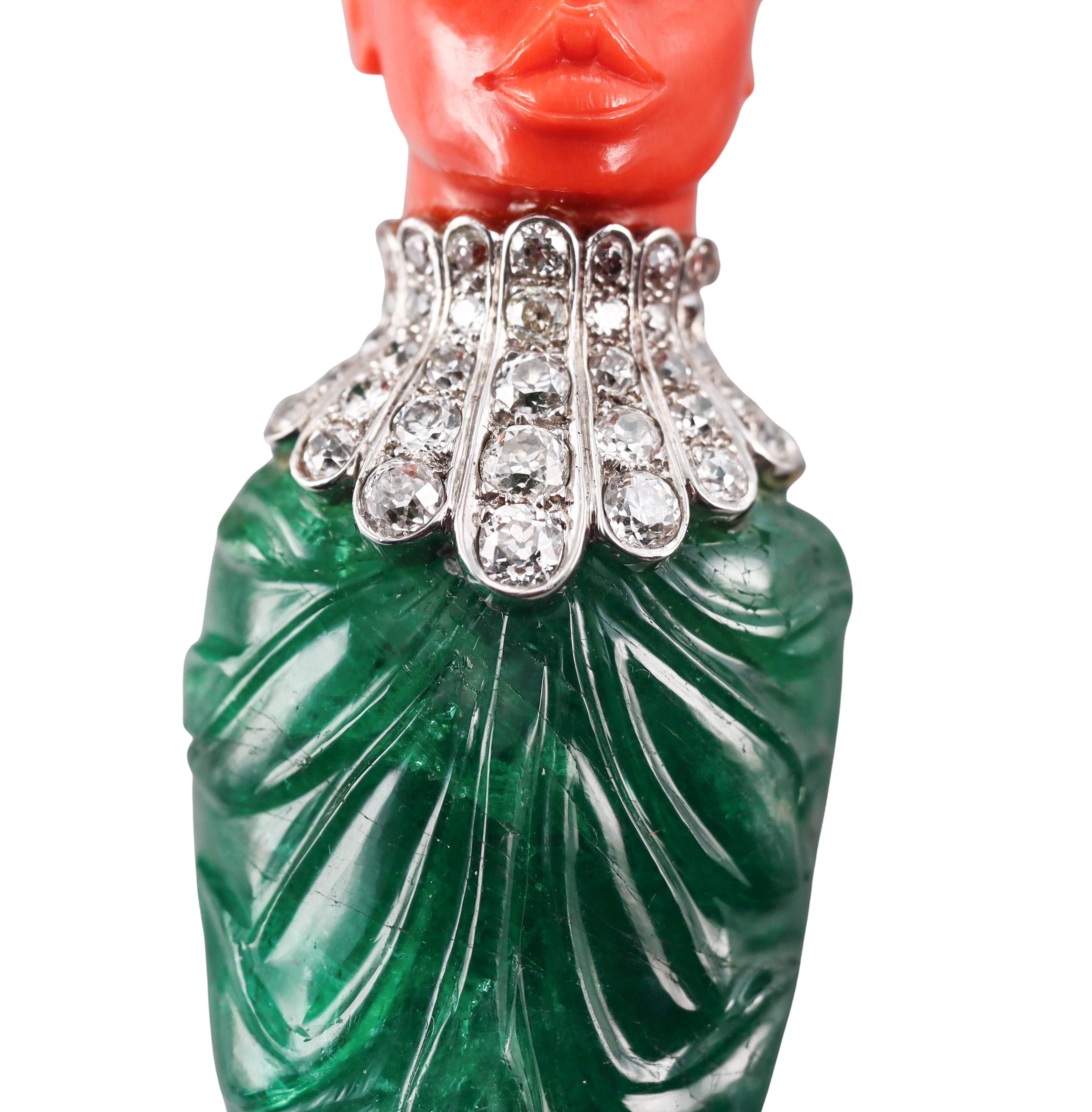 Attilio Codognato 200 Carat Carved Emerald Coral Diamond Gold Brooch Pendant