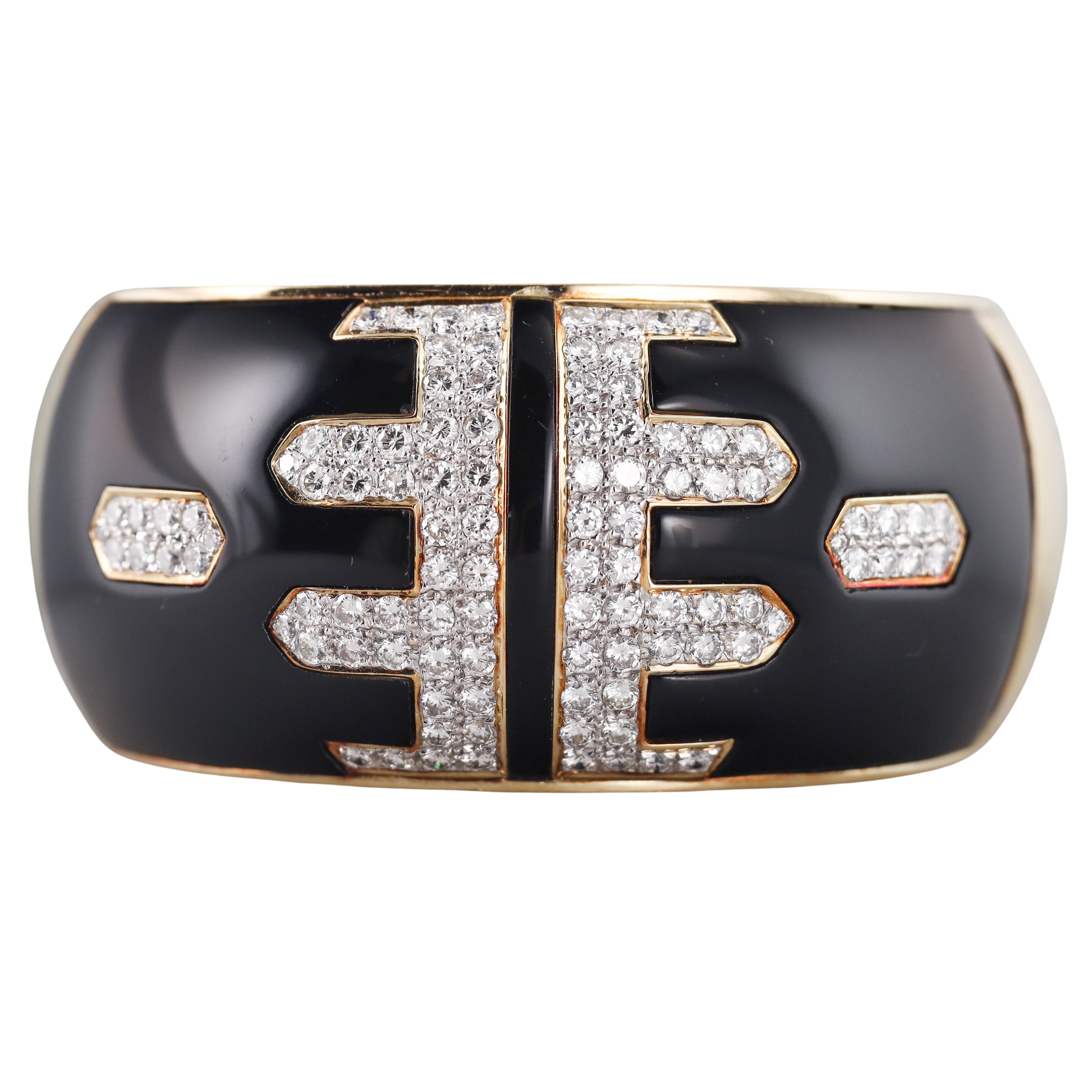 1980s Diamond Gold Black Enamel Bangle Bracelet
