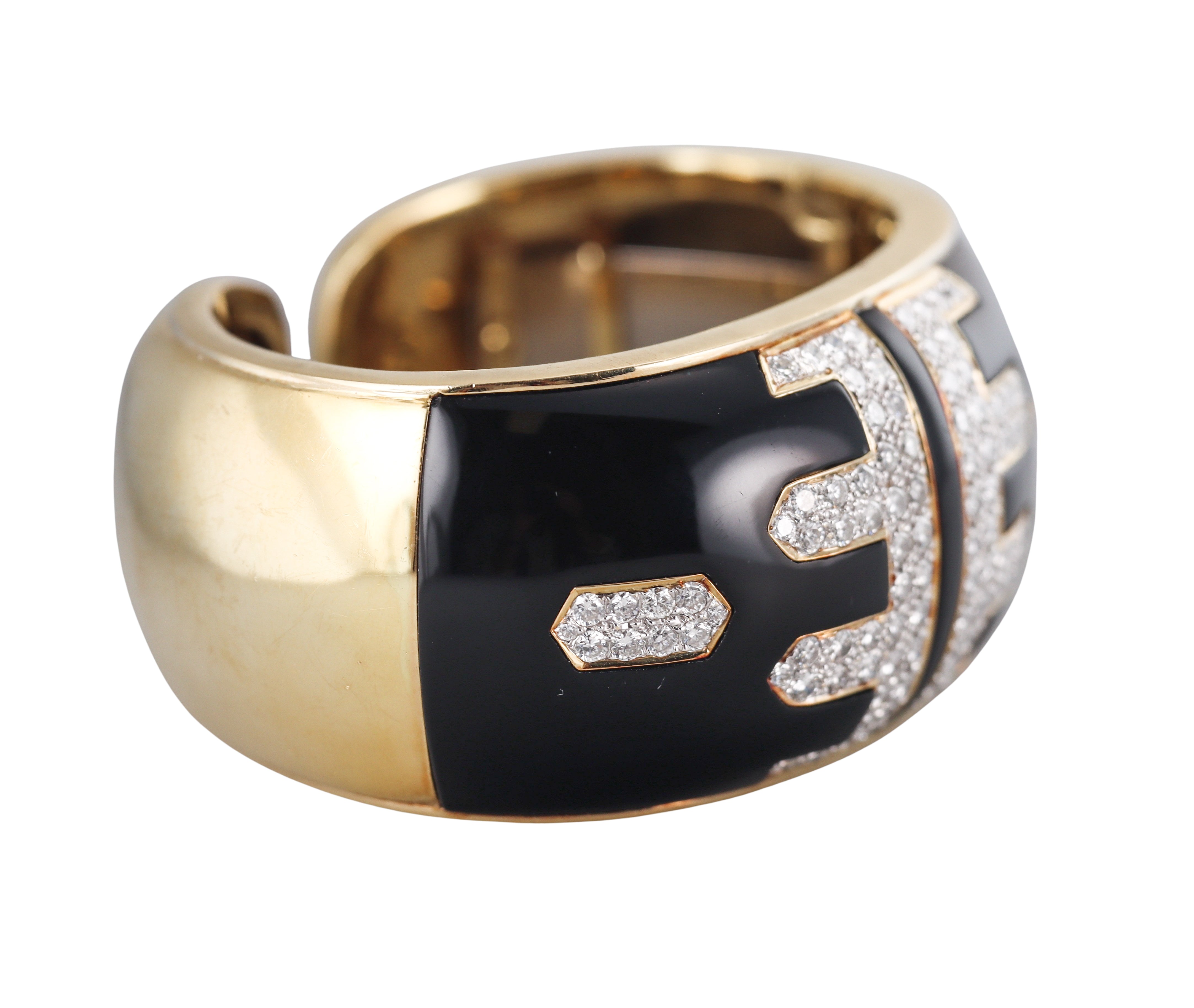 1980s Diamond Gold Black Enamel Bangle Bracelet