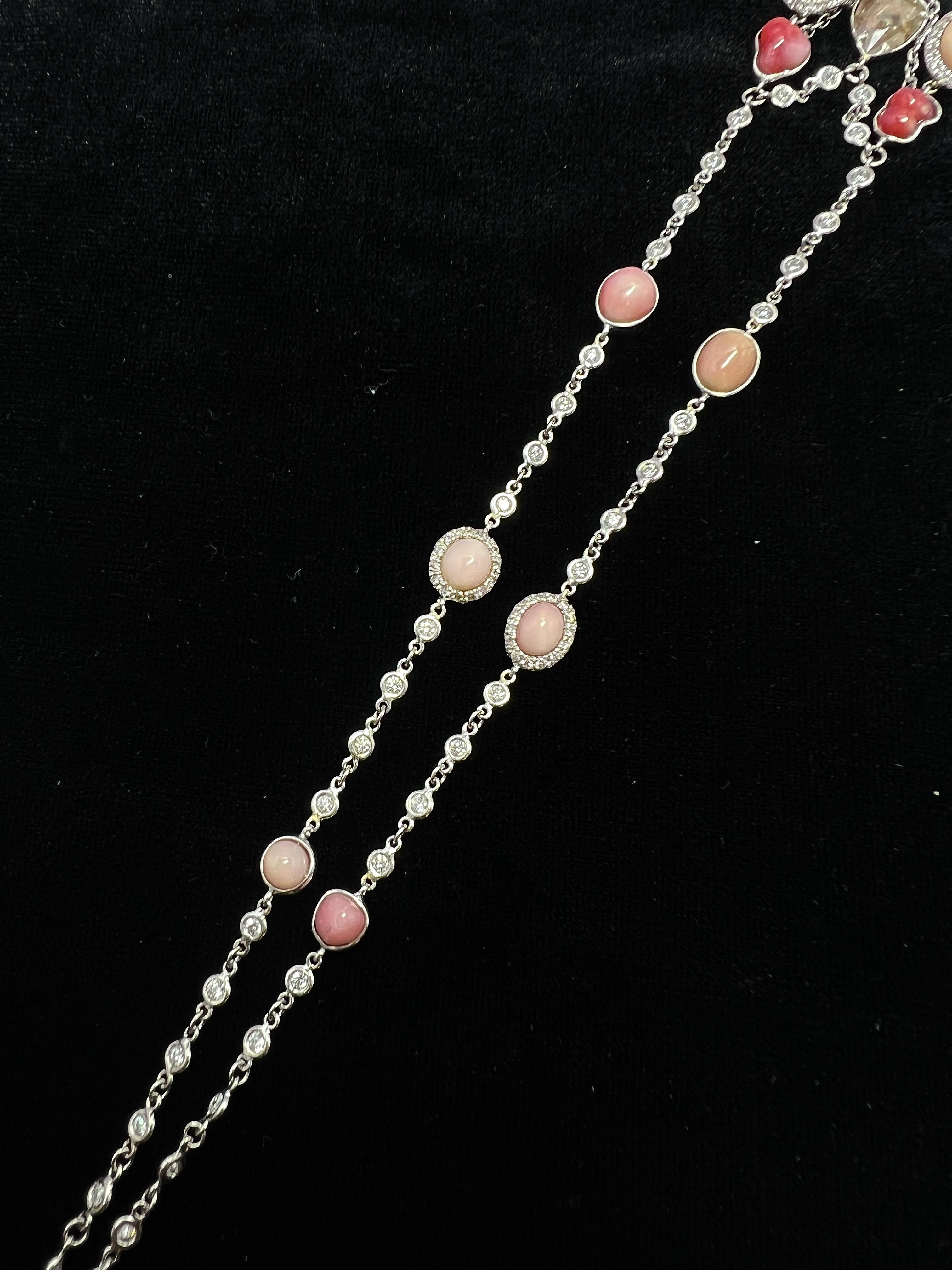 Long 18k White Gold, Diamond, Multicolored Pearl and Pink Sapphire Necklace