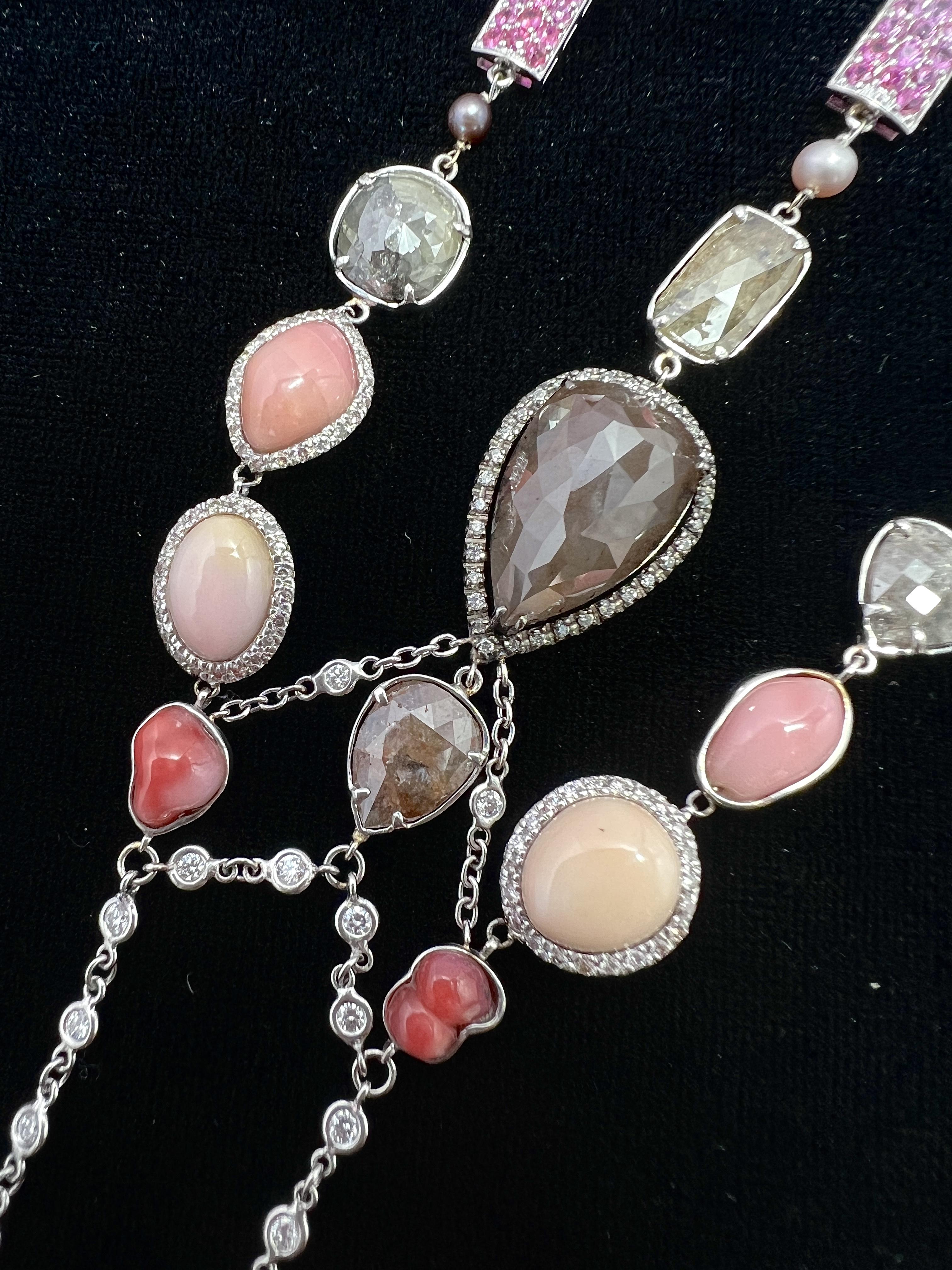 Long 18k White Gold, Diamond, Multicolored Pearl and Pink Sapphire Necklace