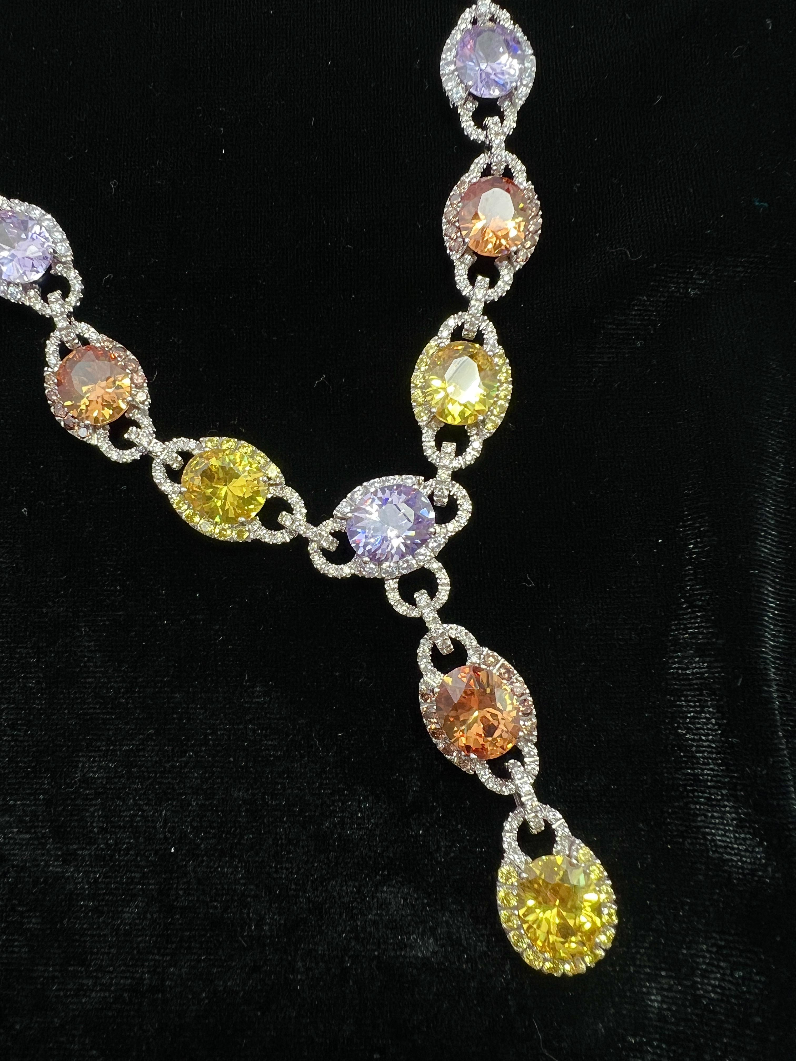18k White Gold, Simulated Stone and Diamond Pendant Necklace