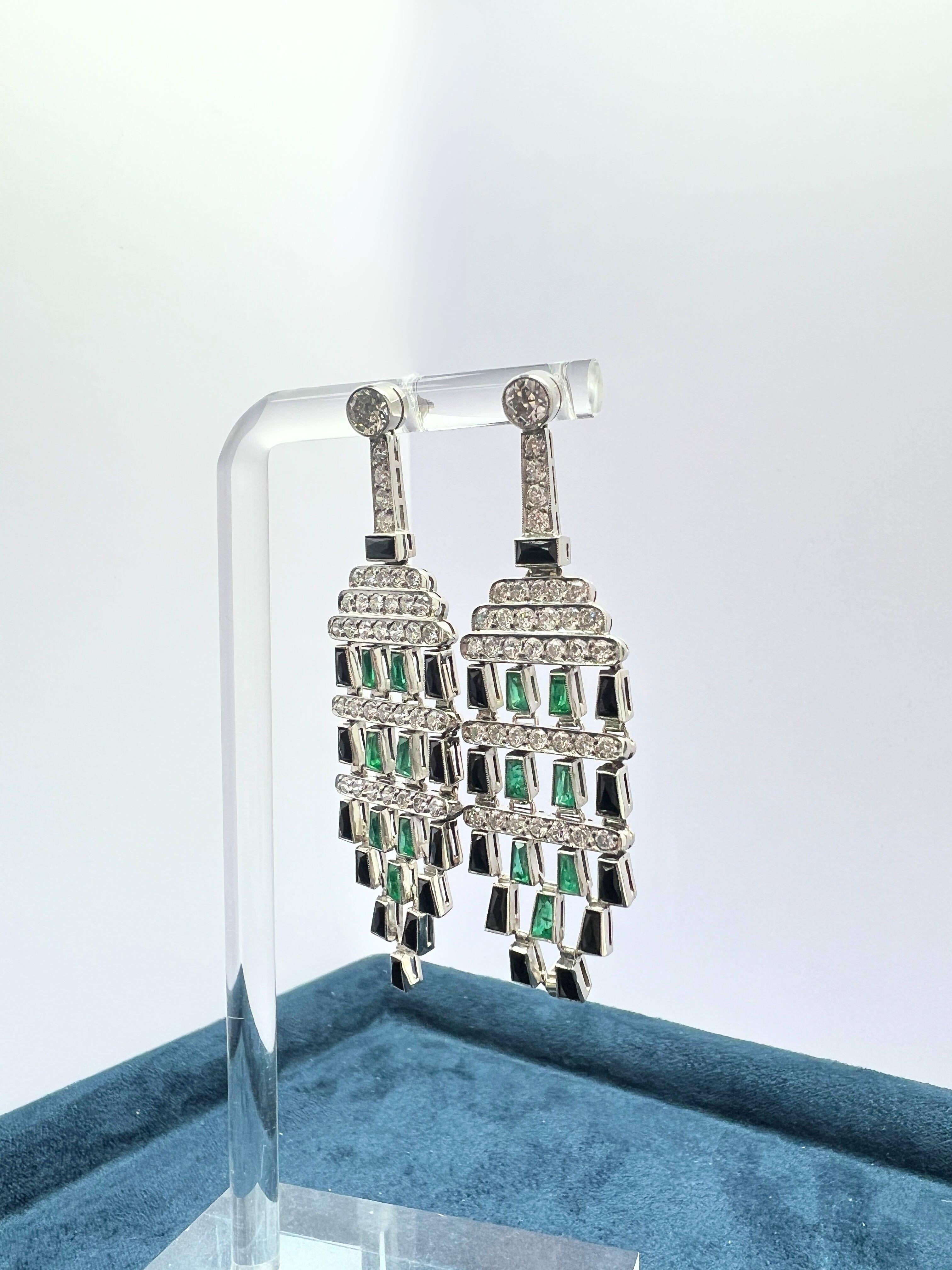 Pair of Platinum, Diamond, Emerald and Black Onyx Pendant-Earrings