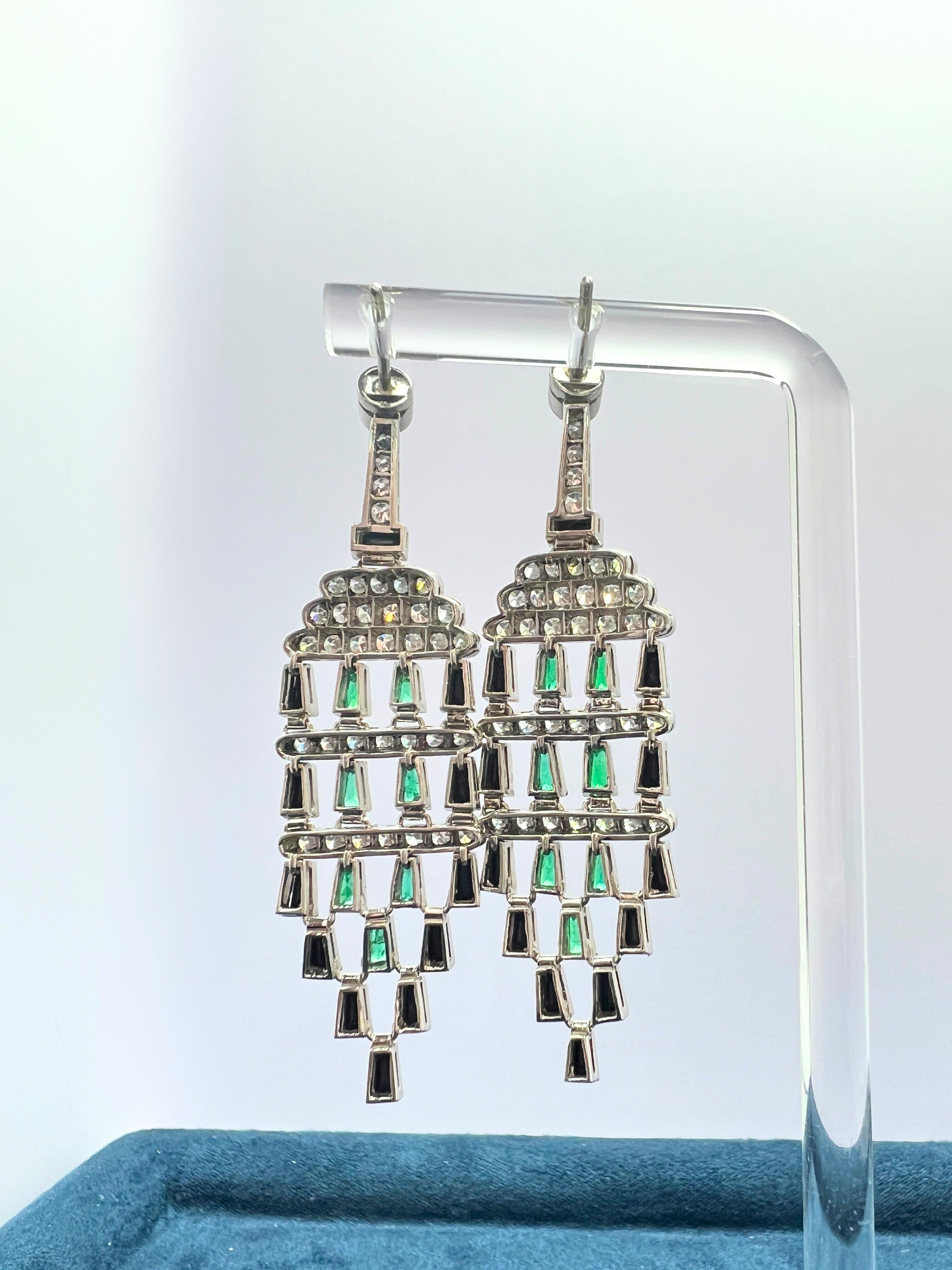 Pair of Platinum, Diamond, Emerald and Black Onyx Pendant-Earrings