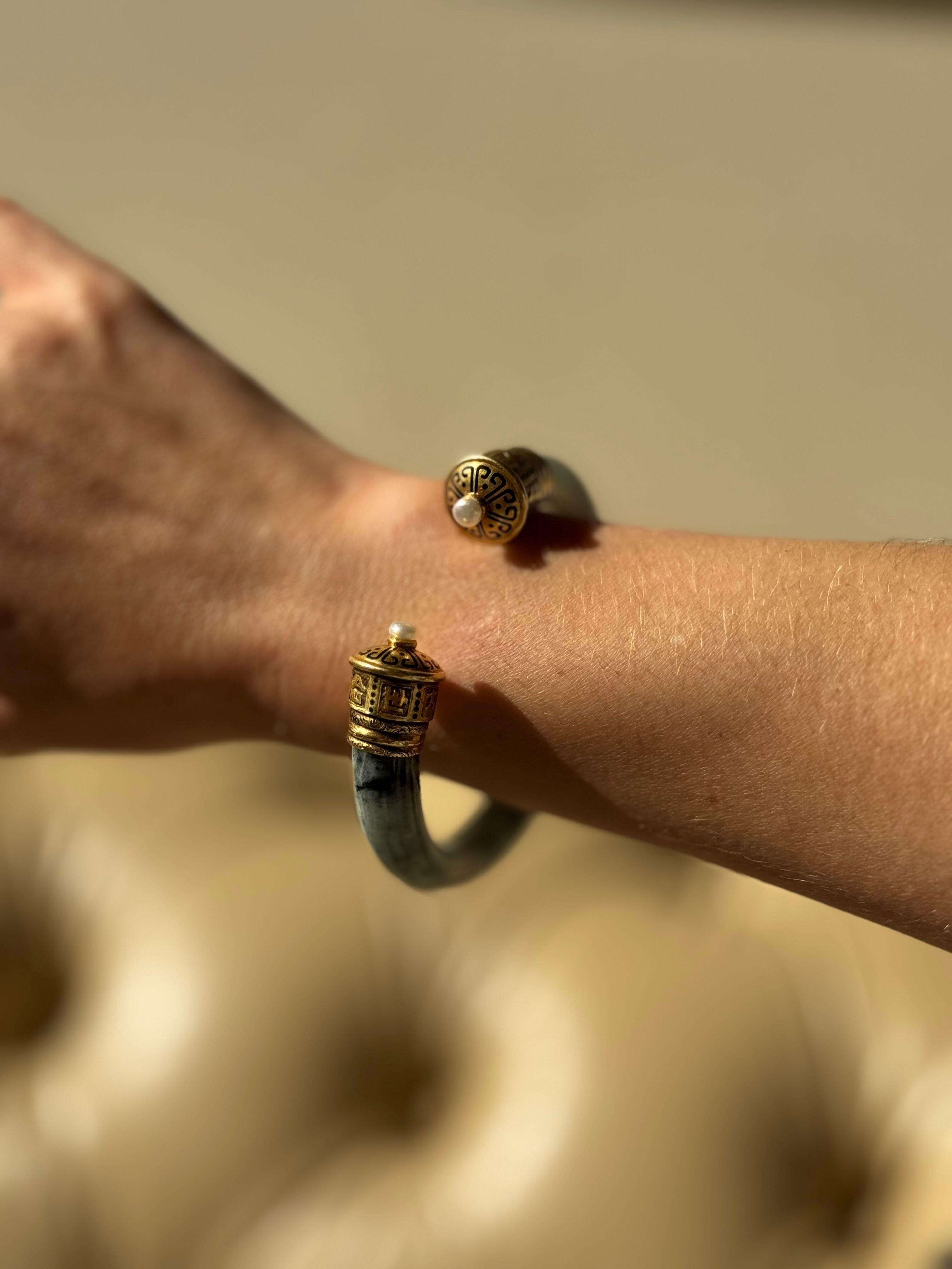 Cartier Jade Pearl Gold Cuff Bracelet