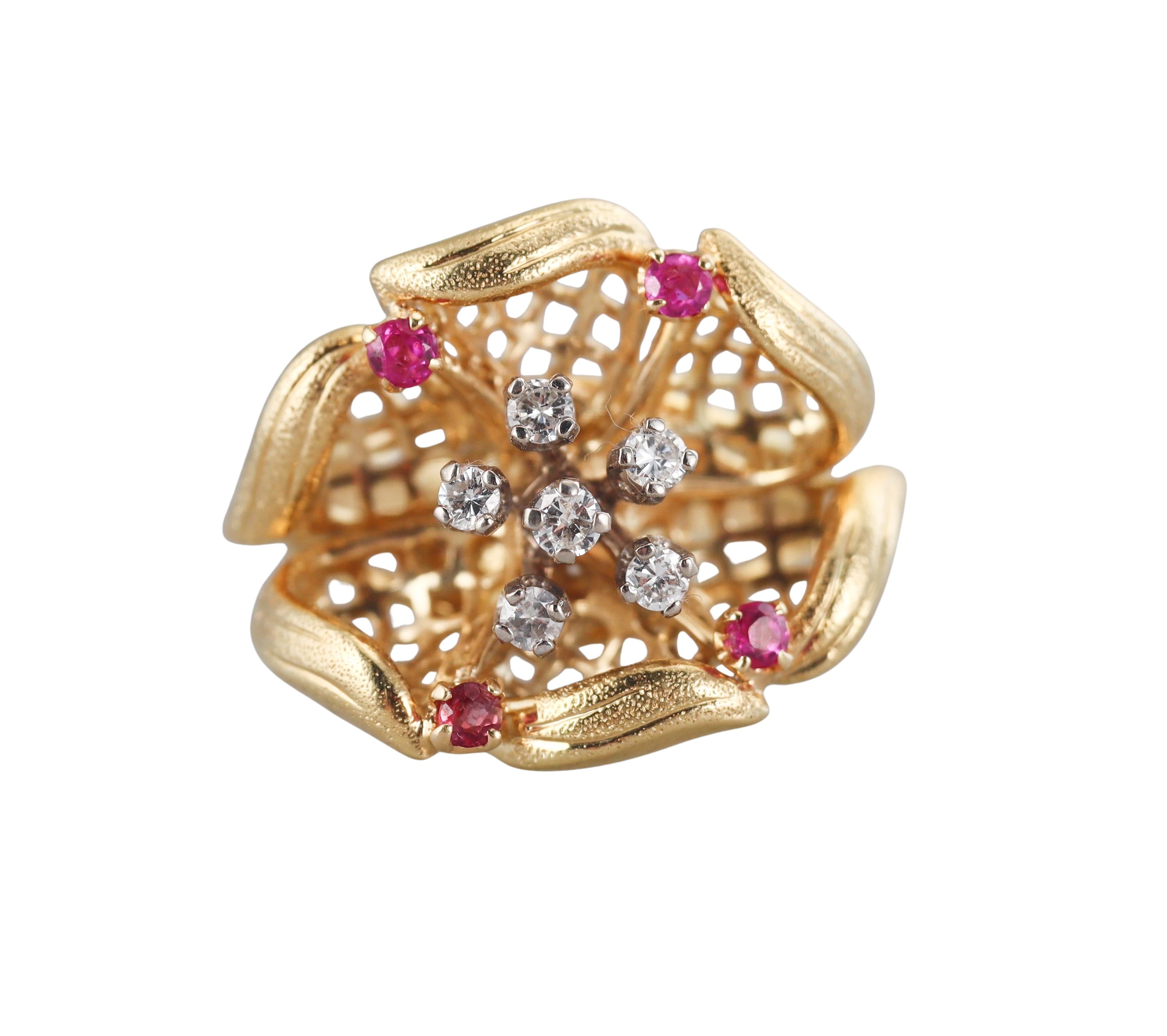 Diamond Ruby Gold Flower Ring