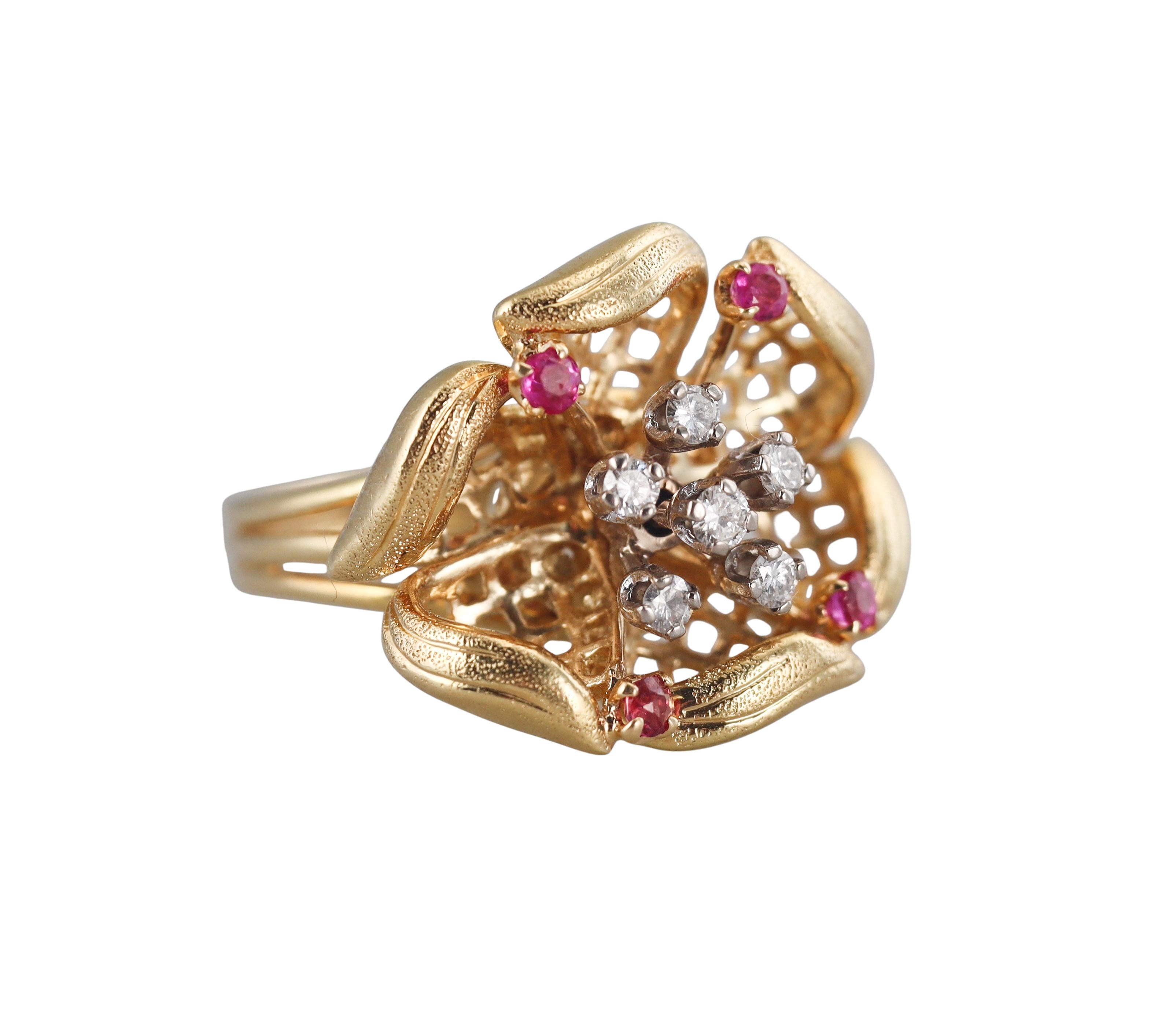 Diamond Ruby Gold Flower Ring