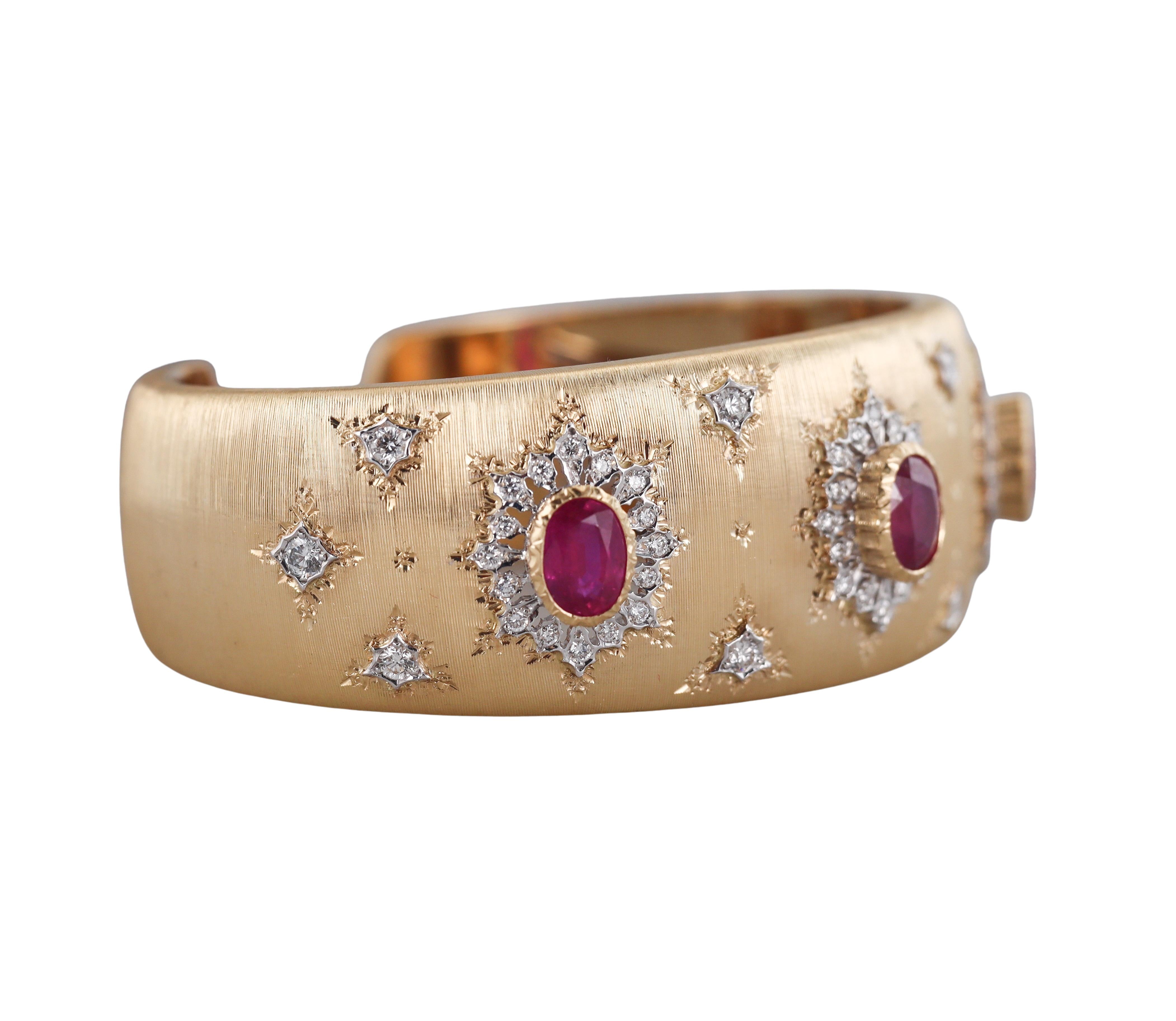 Italian Ruby Diamond Gold Classic Cuff Bracelet