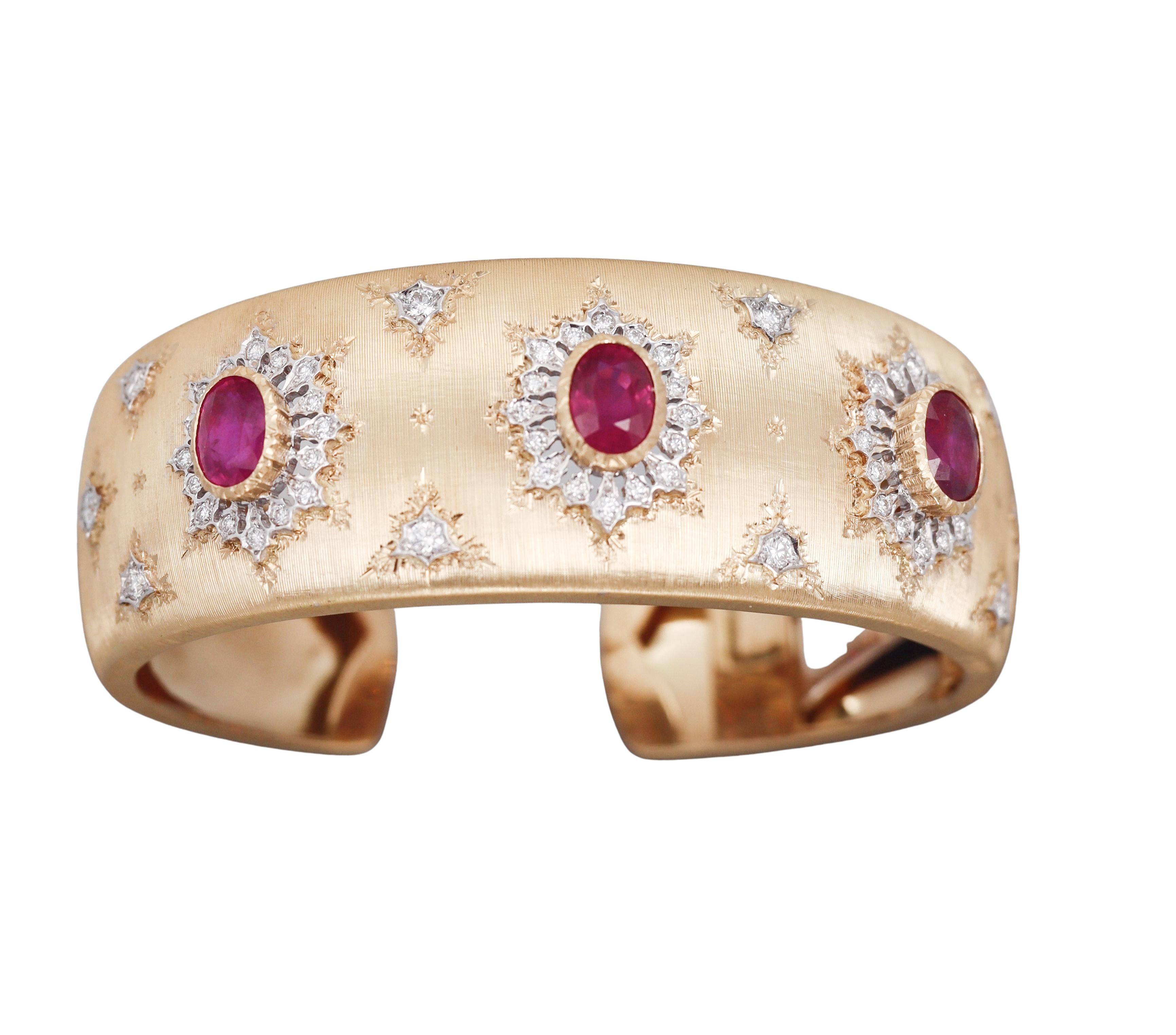 Italian Ruby Diamond Gold Classic Cuff Bracelet