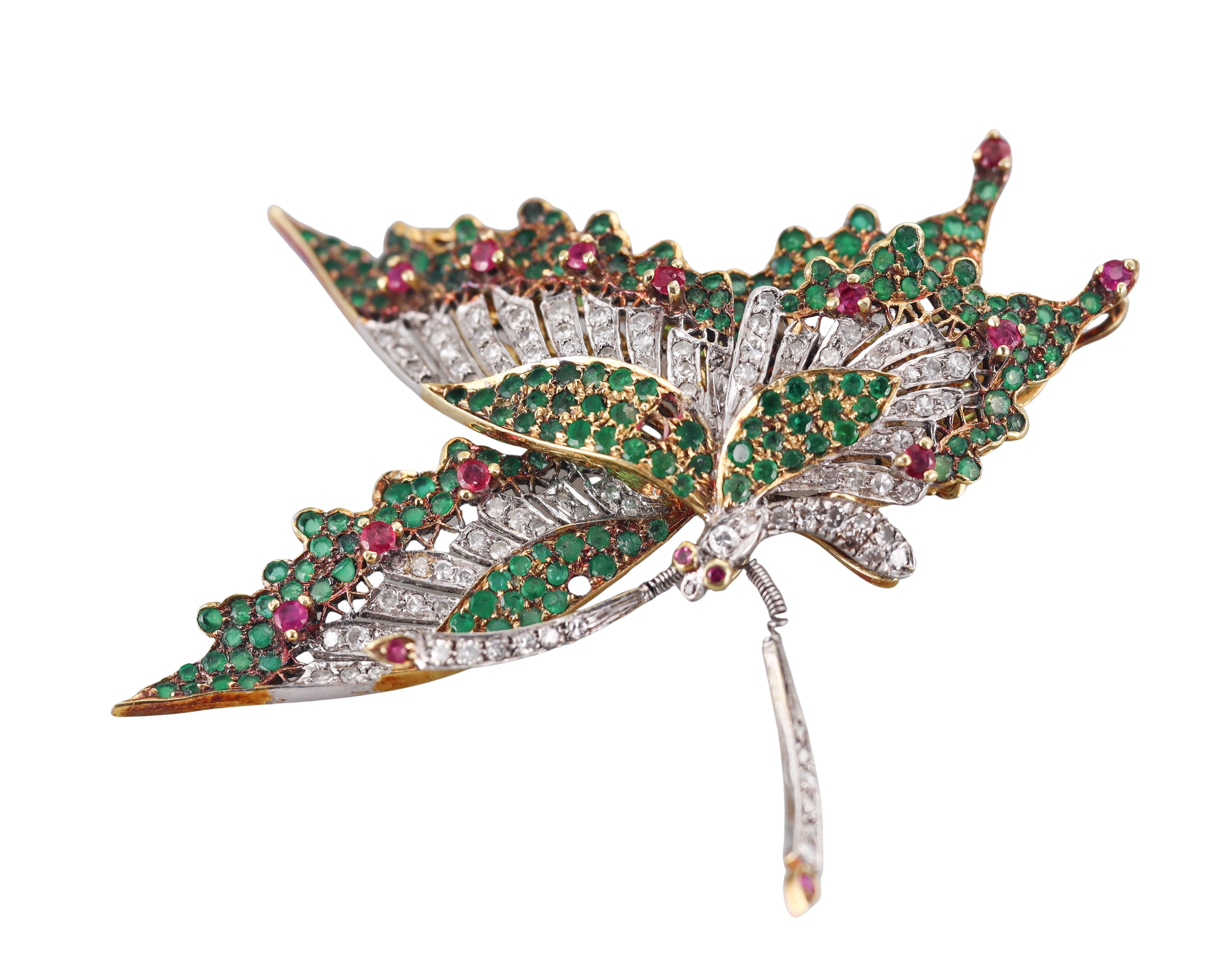 Emerald Ruby Diamond Gold En Tremblant Butterfly Brooch Pin