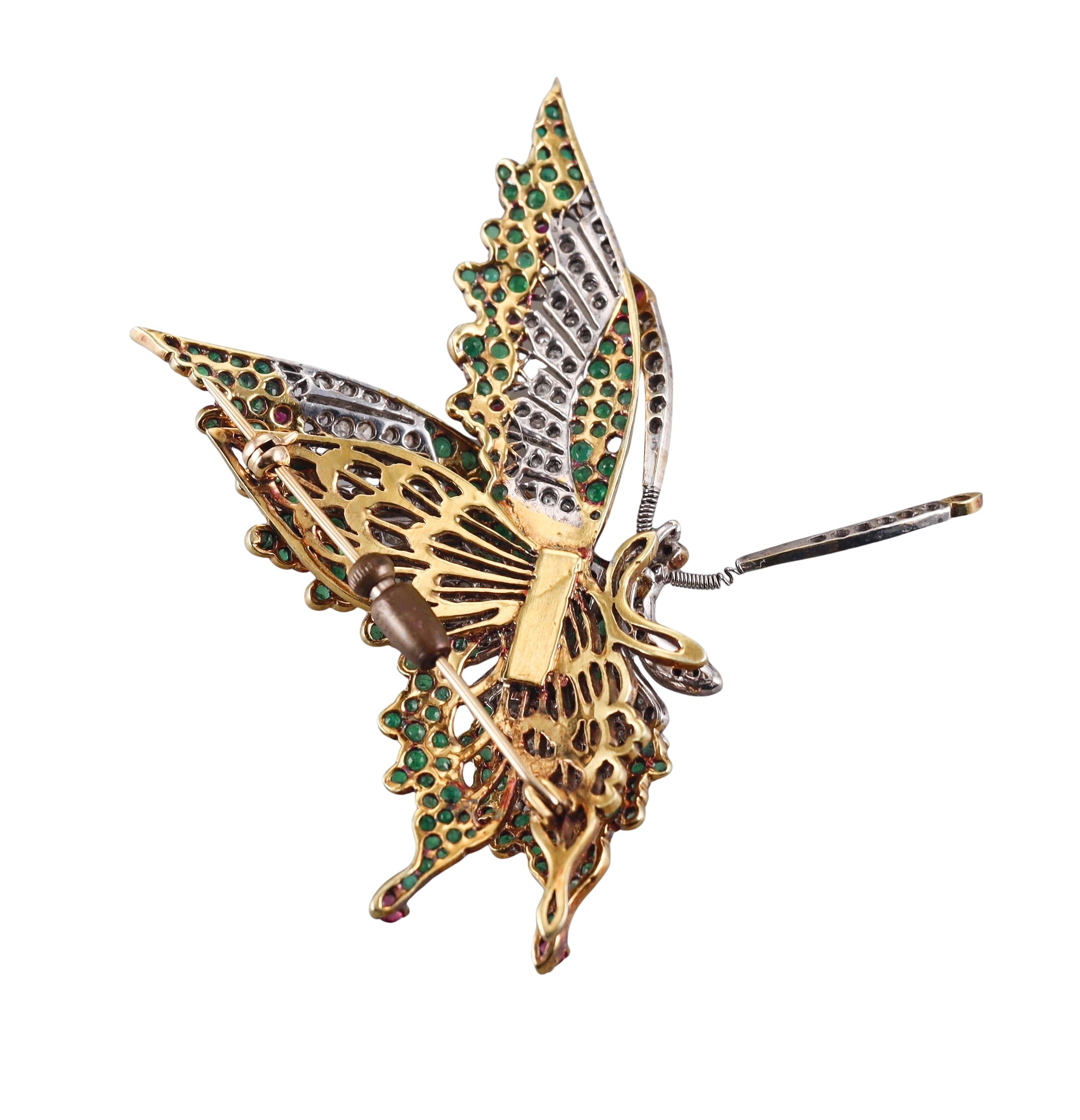 Emerald Ruby Diamond Gold En Tremblant Butterfly Brooch Pin