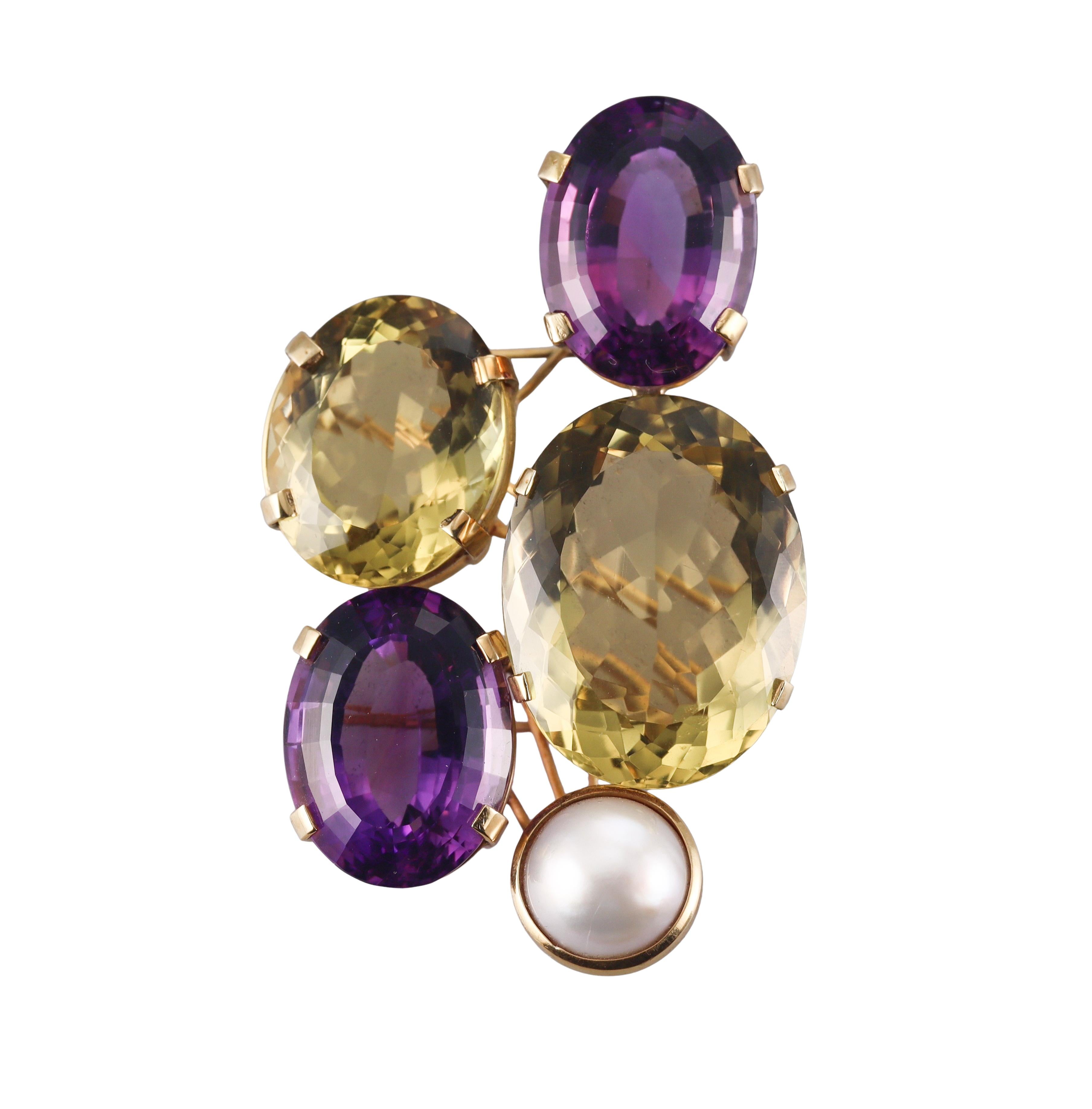 Artisanal Amethyst Citrine Pearl Gold Large Brooch Pendant