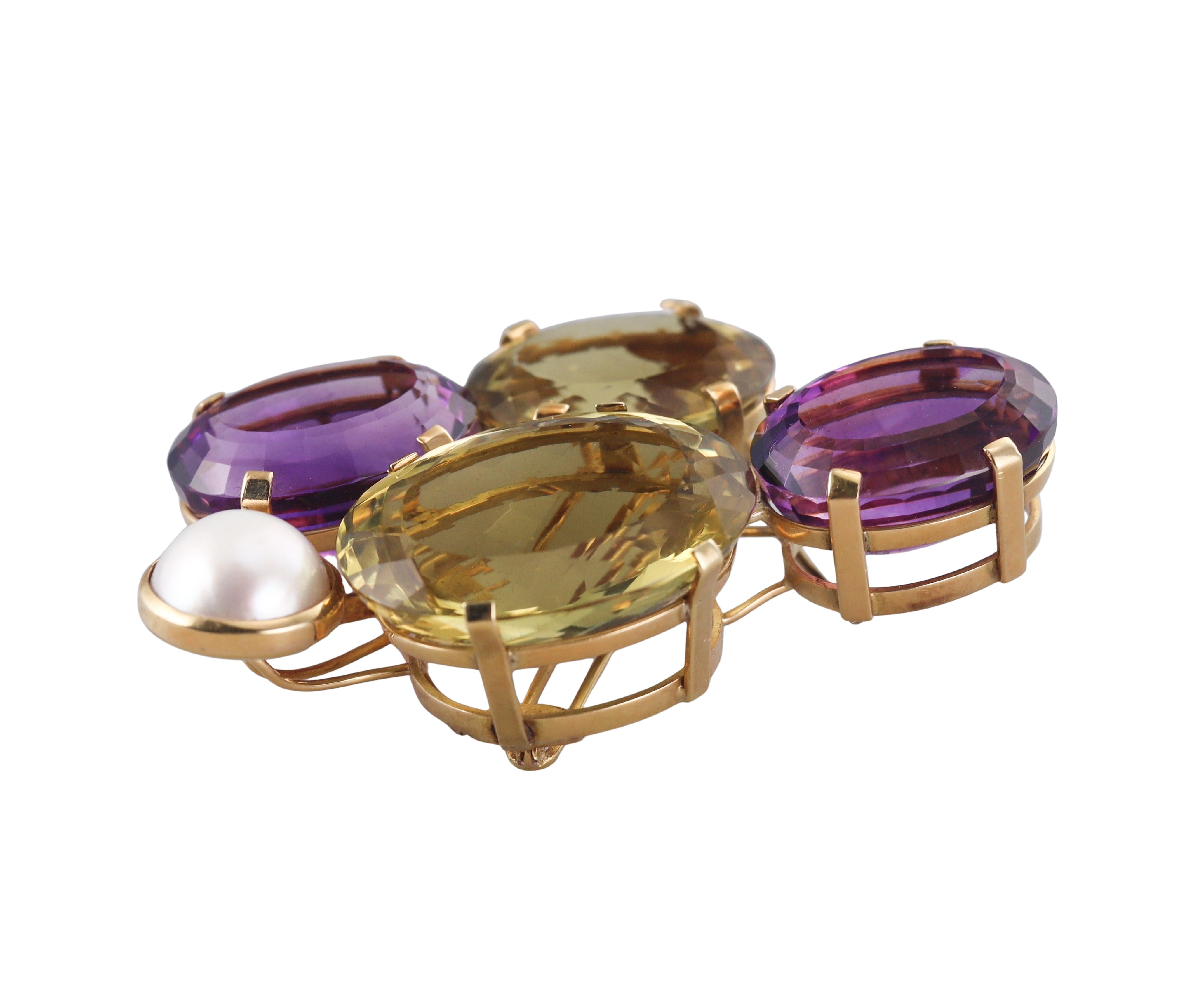Artisanal Amethyst Citrine Pearl Gold Large Brooch Pendant