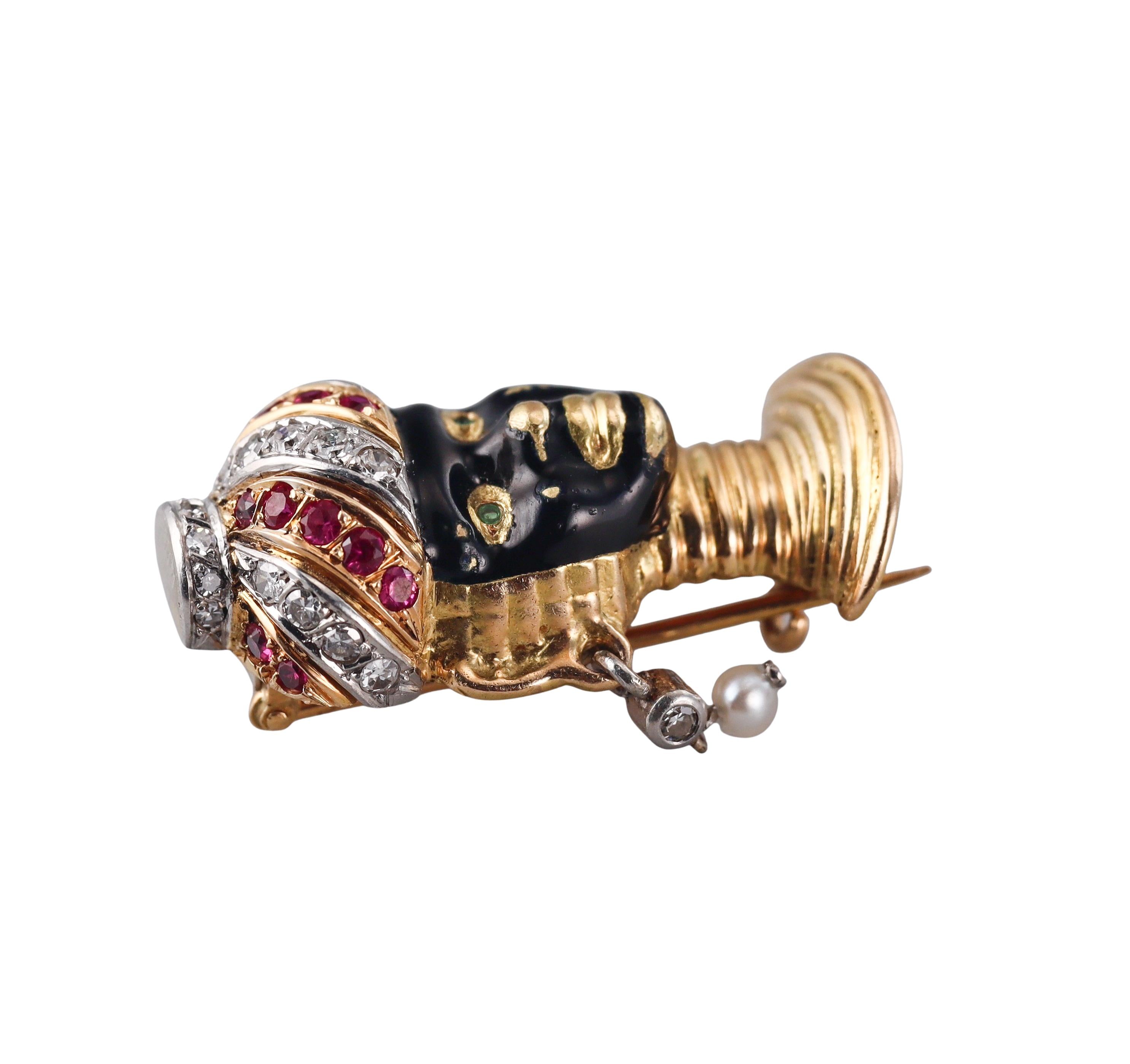 Cartier Diamond Ruby Pearl Enamel Gold Blackamoor Brooch Set