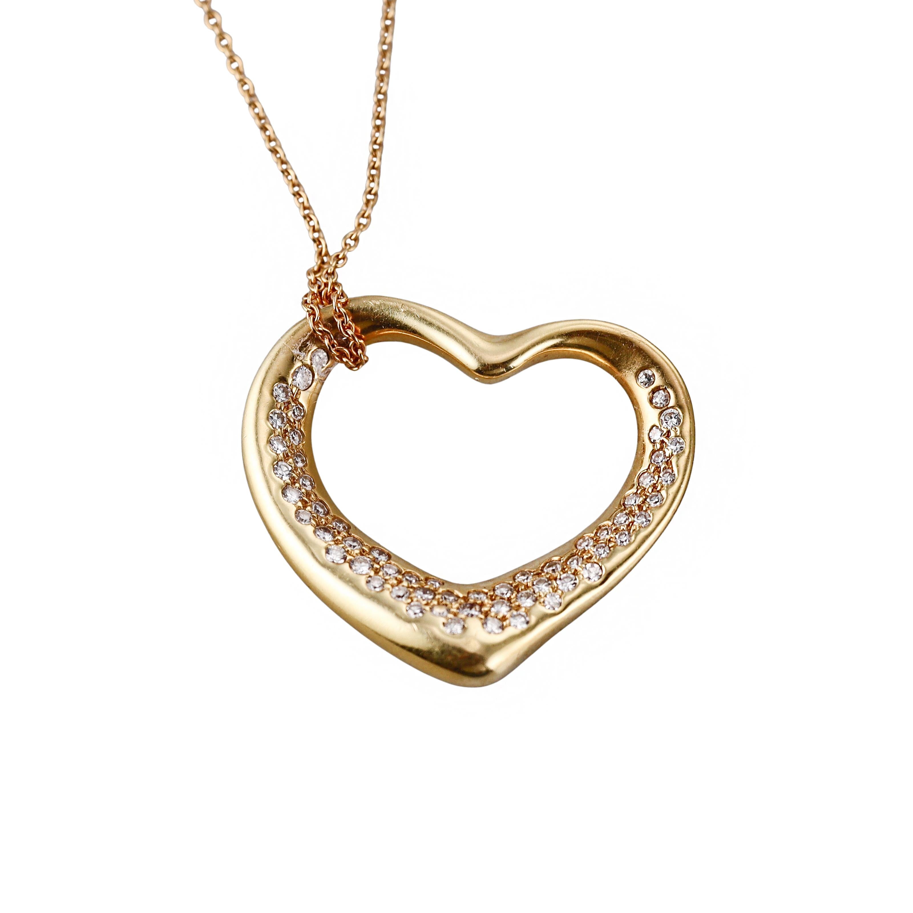 Tiffany & Co Elsa Peretti Open Heart 18k Gold Diamond Pendant Necklace