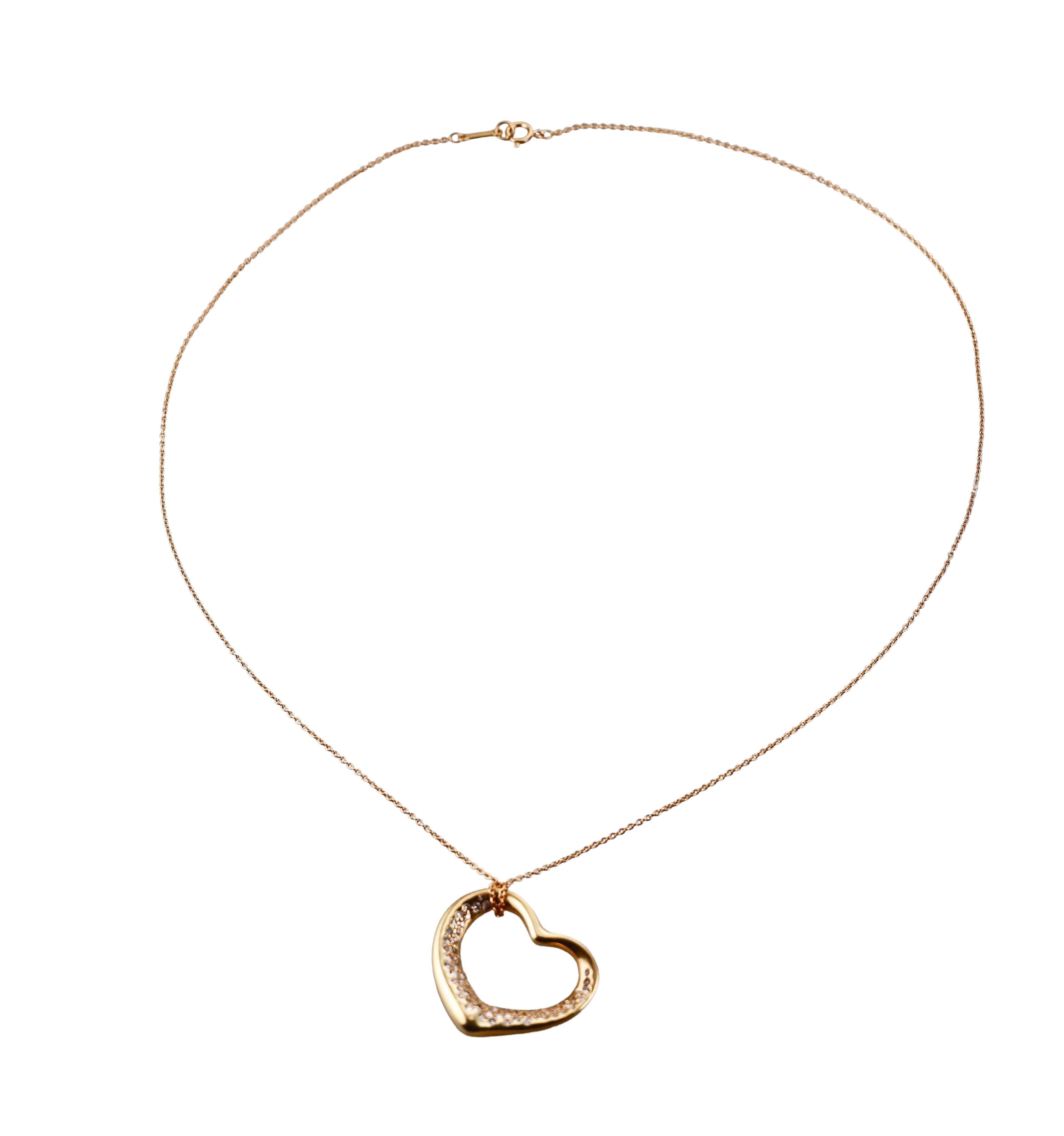 Tiffany & Co Elsa Peretti Open Heart 18k Gold Diamond Pendant Necklace