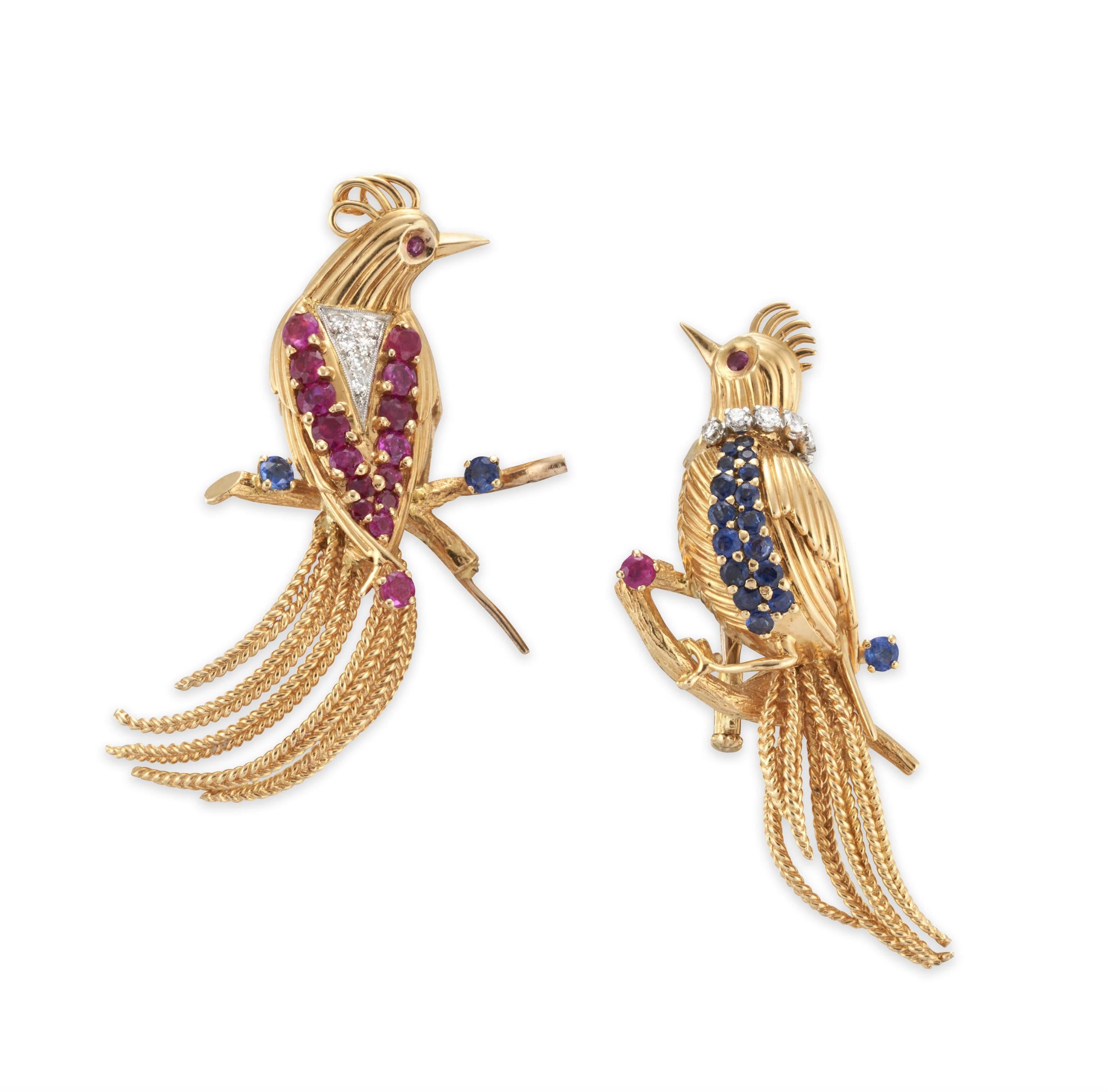 Pair of 18K Gold, Sapphire, Ruby, Diamond Bird Brooches