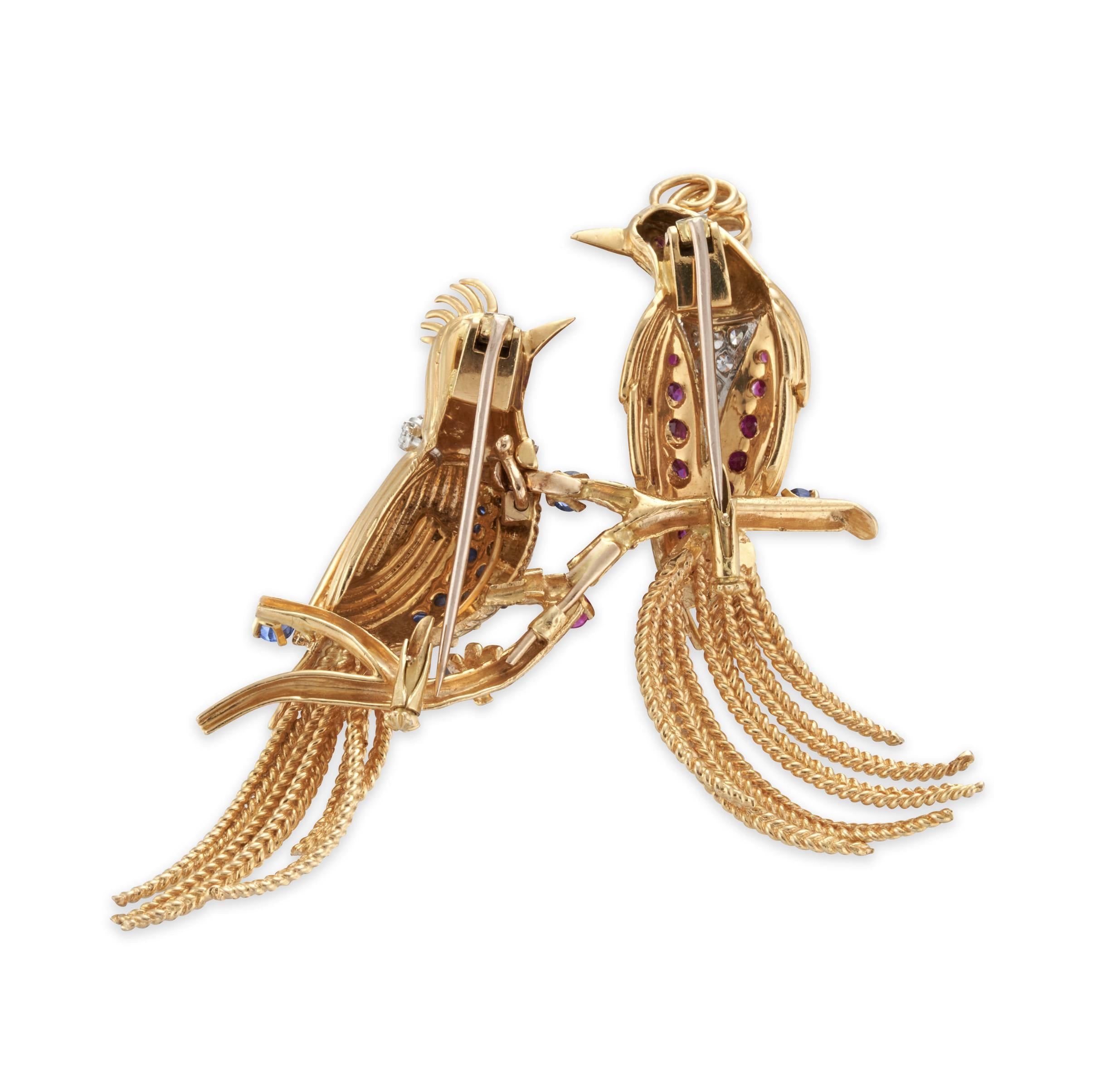 Pair of 18K Gold, Sapphire, Ruby, Diamond Bird Brooches