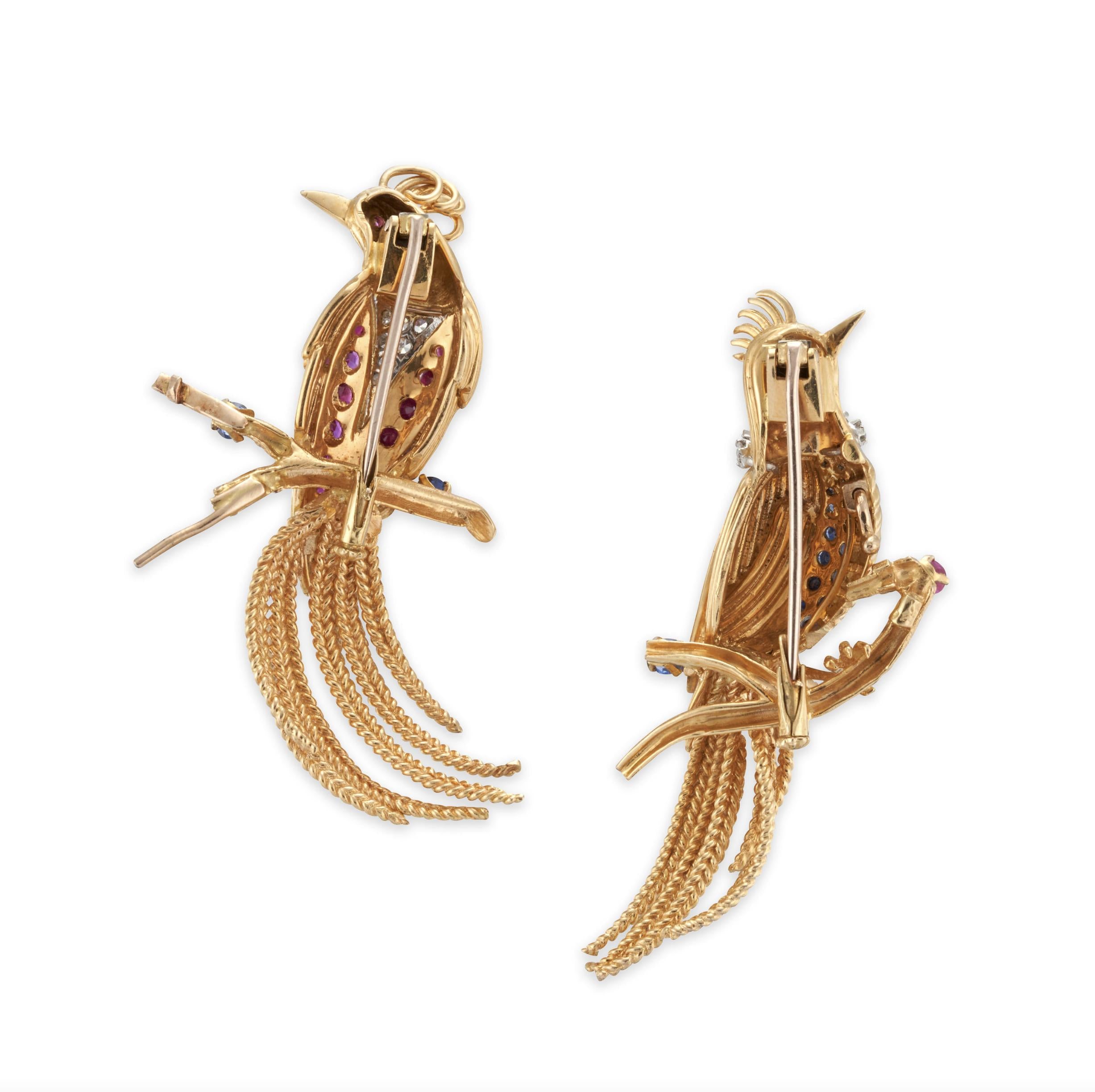 Pair of 18K Gold, Sapphire, Ruby, Diamond Bird Brooches