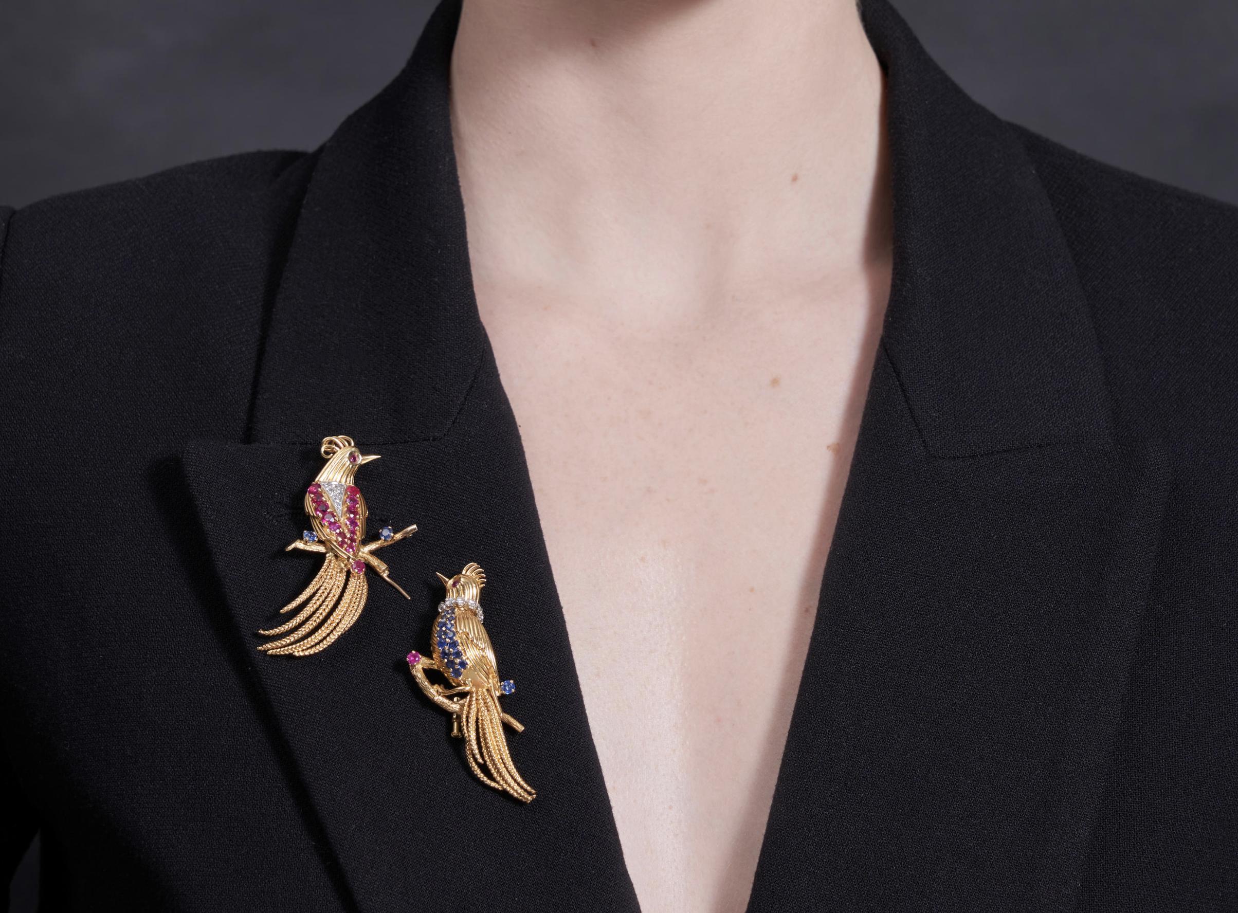 Pair of 18K Gold, Sapphire, Ruby, Diamond Bird Brooches