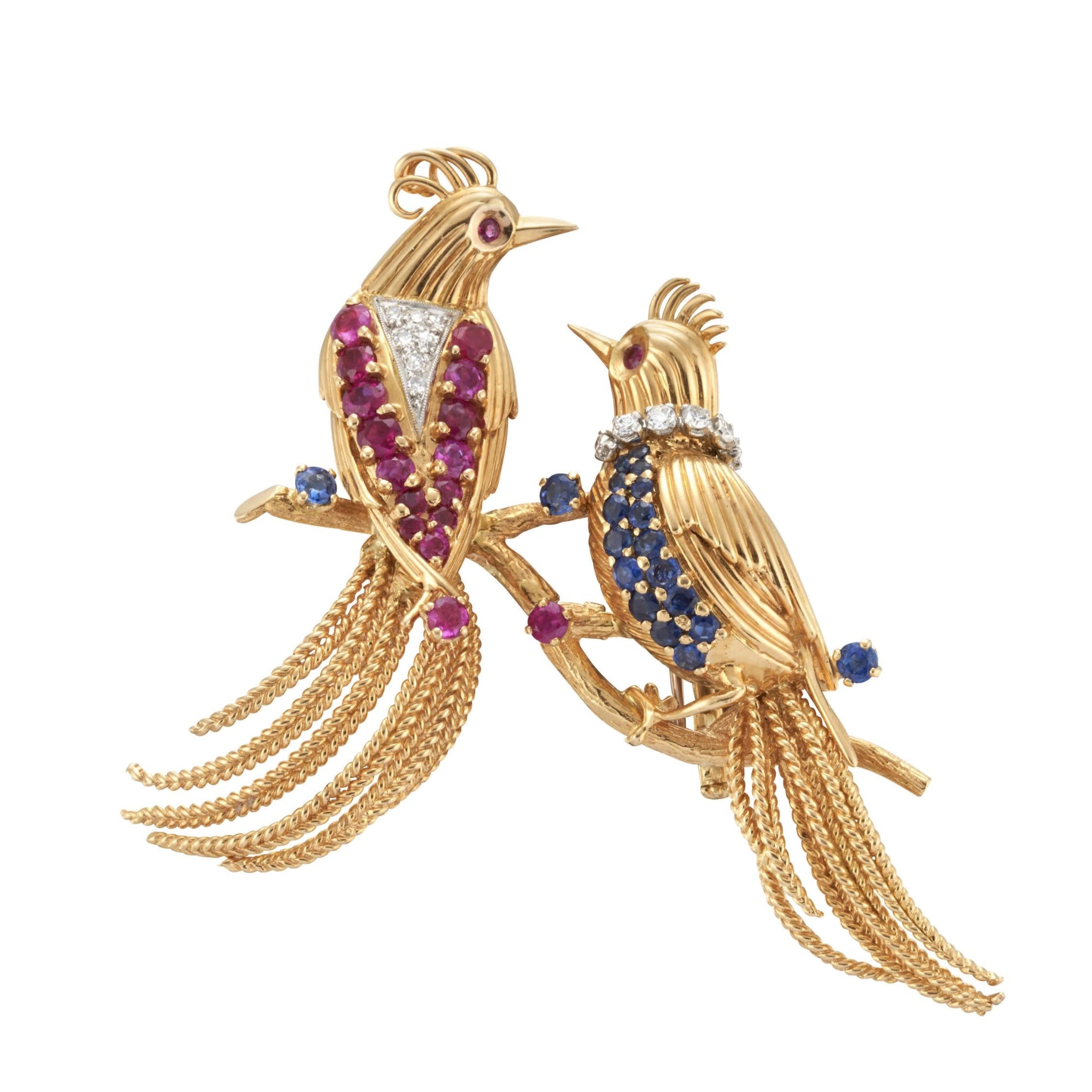 Pair of 18K Gold, Sapphire, Ruby, Diamond Bird Brooches