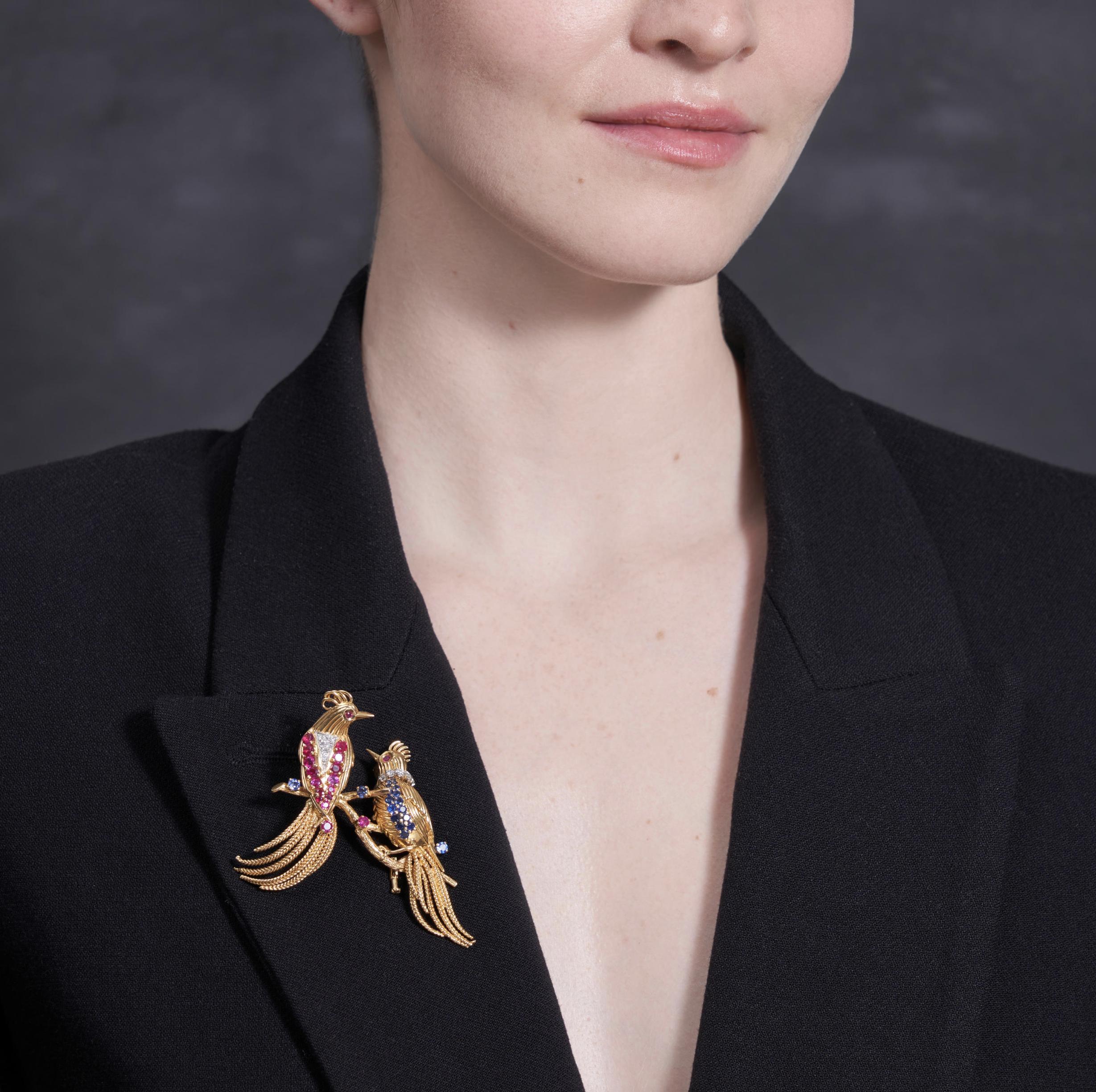 Pair of 18K Gold, Sapphire, Ruby, Diamond Bird Brooches