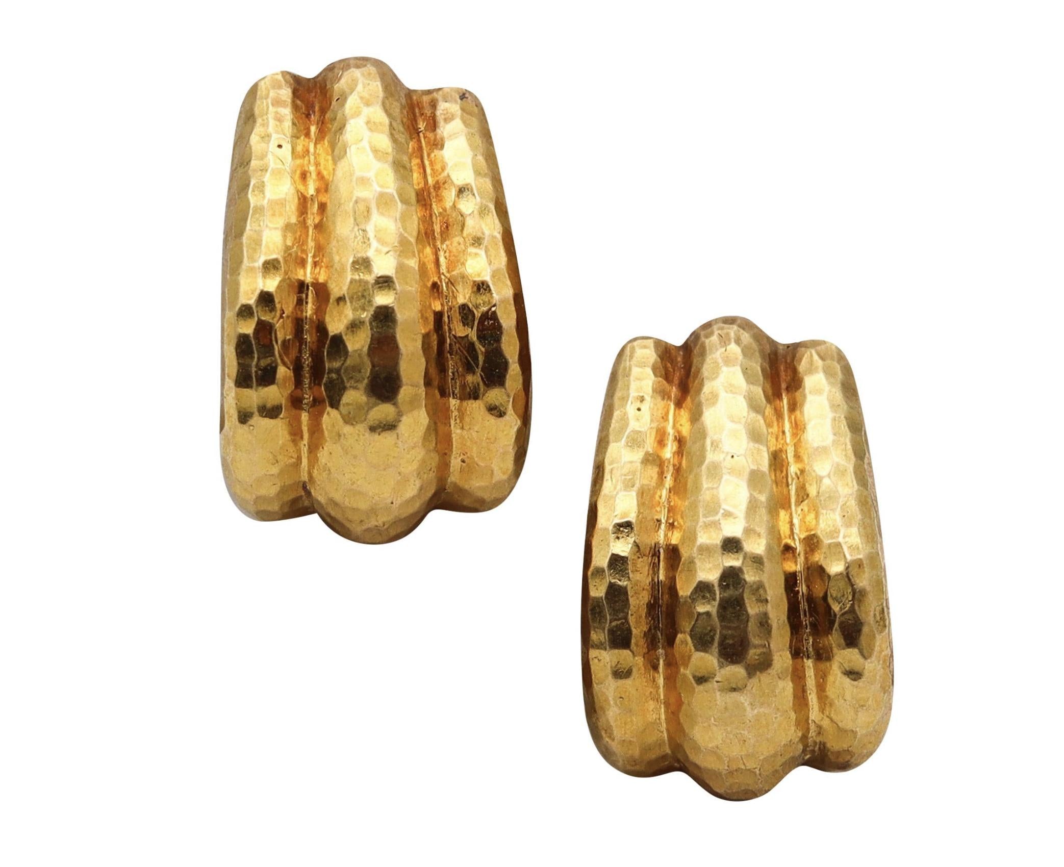 DAVID WEBB 1970 Hammered Hoops Clips Earrings In Solid 18Kt Yellow Gold