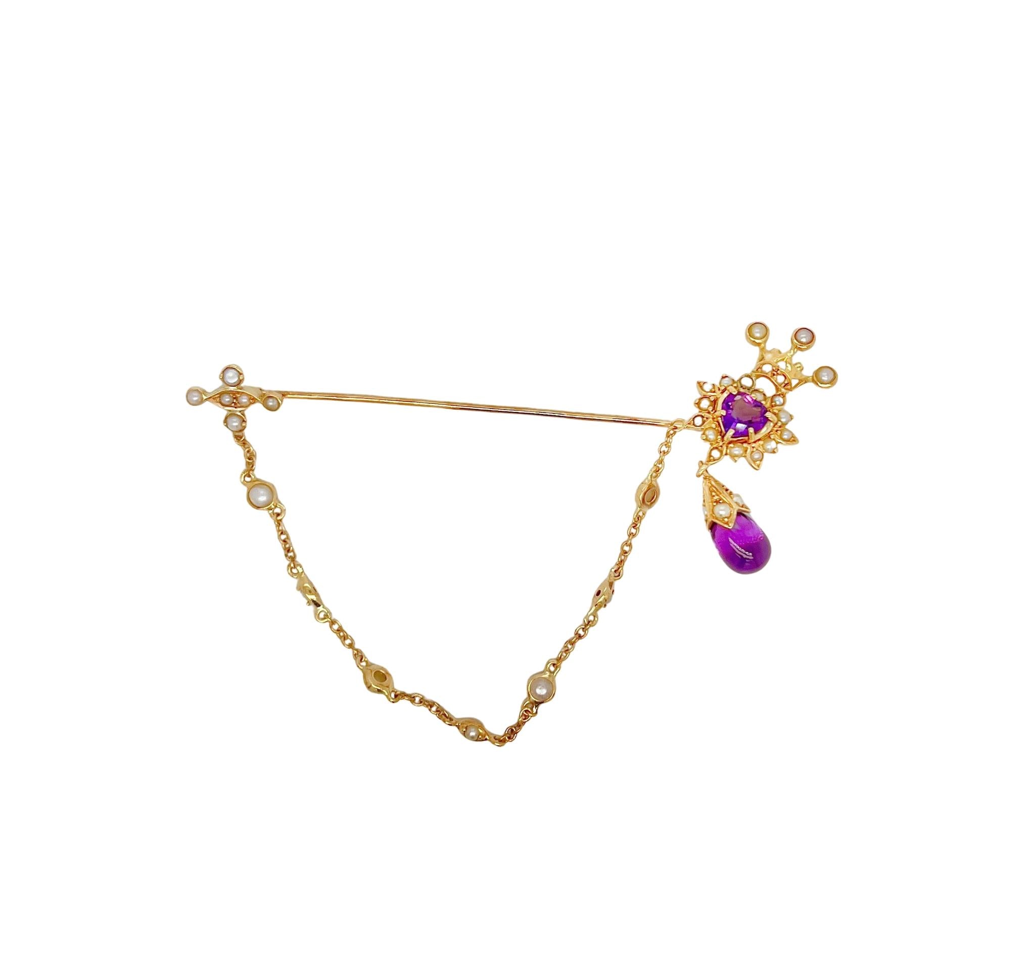 Victorian 18k Yellow Gold Amethyst Seed Pearl Brooch