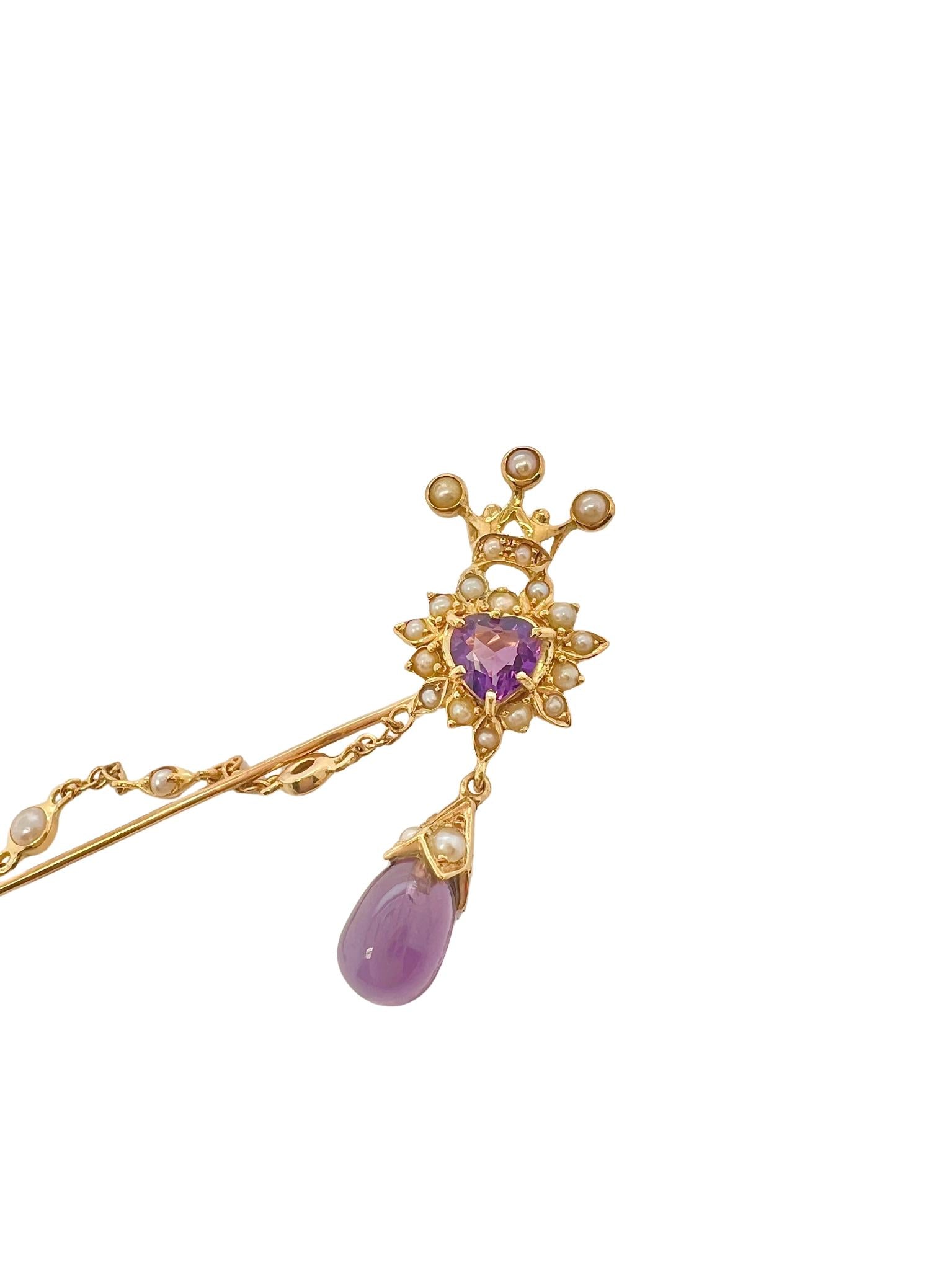 Victorian 18k Yellow Gold Amethyst Seed Pearl Brooch