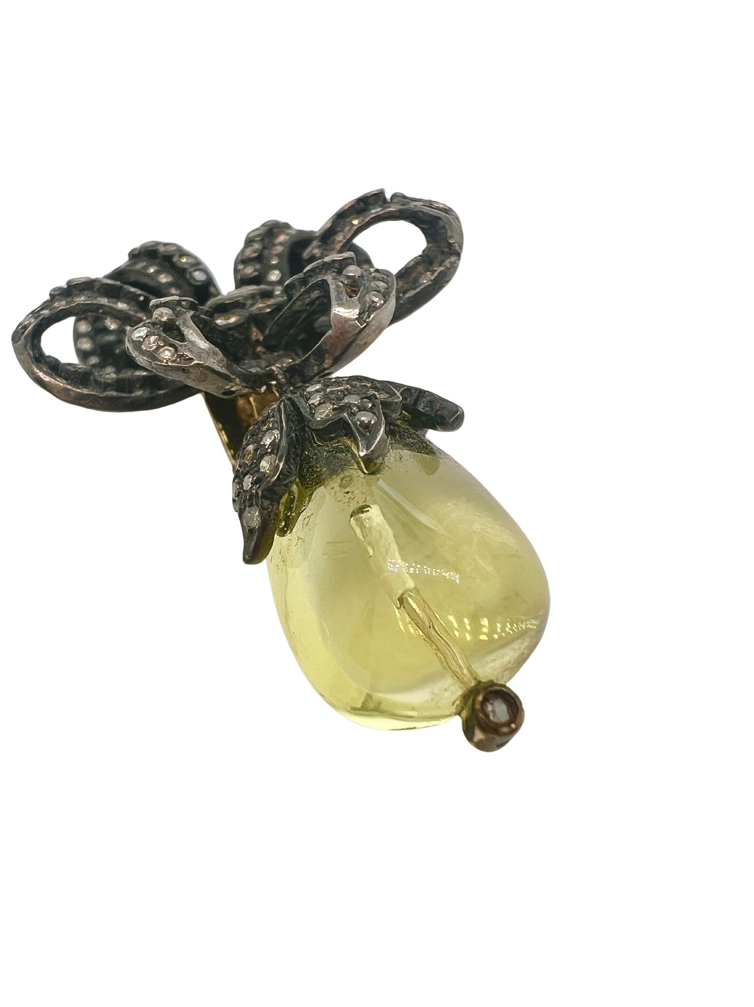 Pair of Yellow Quartz Bead, Silver, and Diamond Flower Pendant Earclips