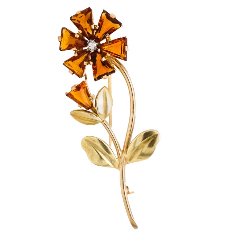 Cartier 14 Karat Yellow Gold and Diamond Citrine Flower Brooch