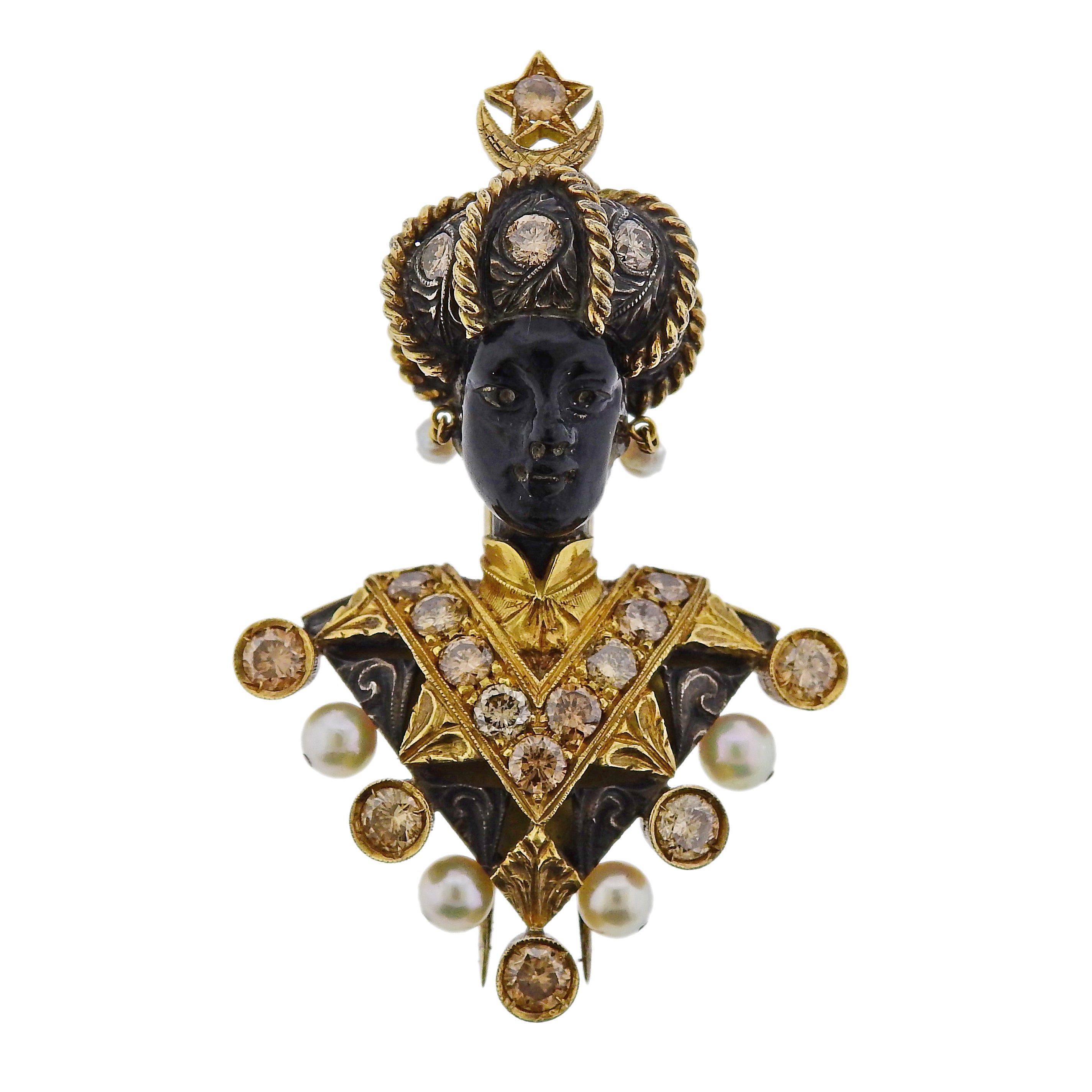 Nardi Blackamoor Fancy Diamond Pearl Garnet Gold Silver Brooch Select Antique Jewelry