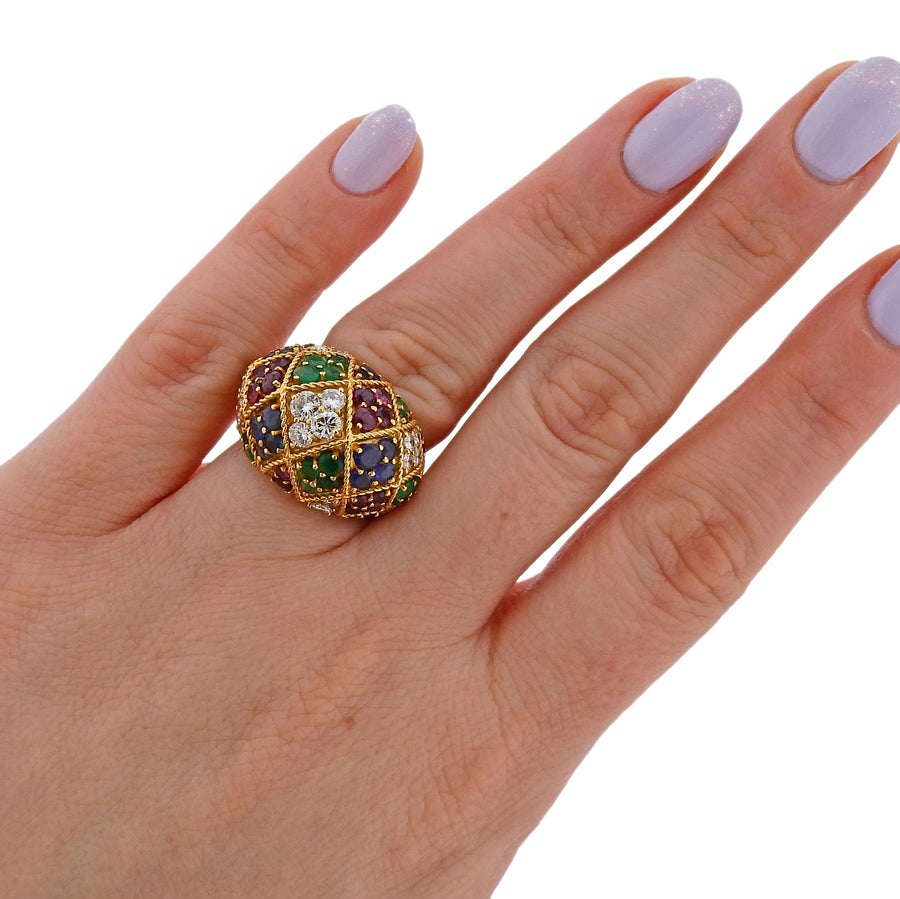 1960s Ruby Emerald Sapphire Diamond Gold Dome Ring