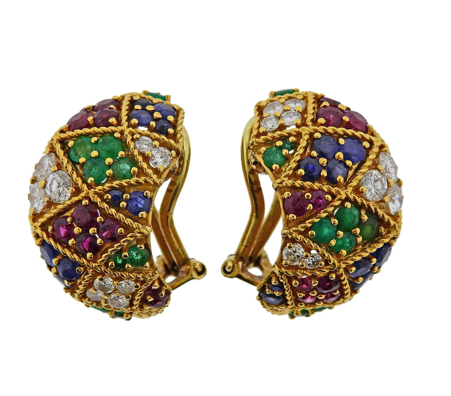 1960s Ruby Emerald Diamond Sapphire Gold Half Hoop Earrings