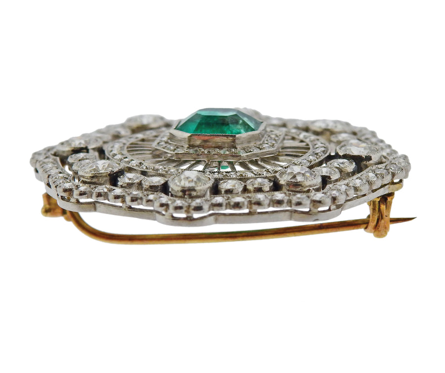 Emerald Diamond Platinum Gold Brooch Pin