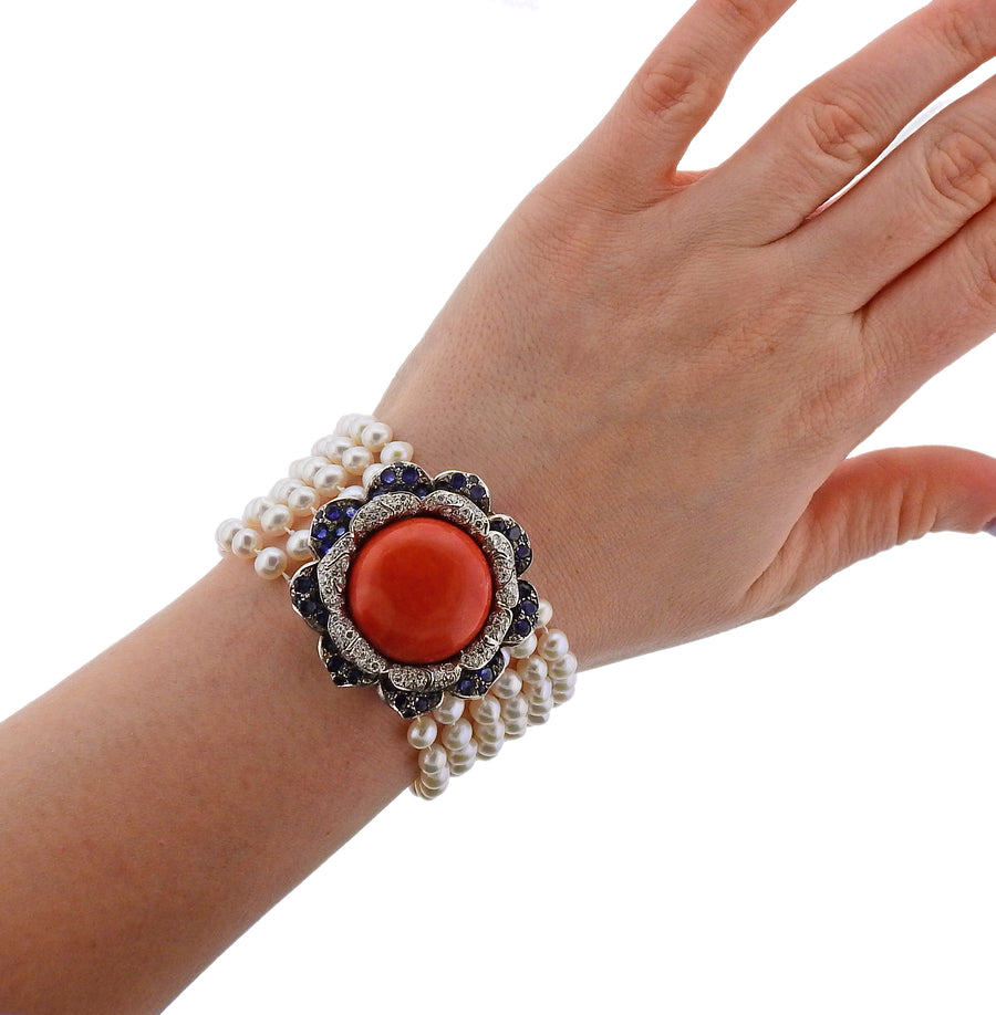 Coral Diamond Sapphire Pearl Gold Bracelet Set