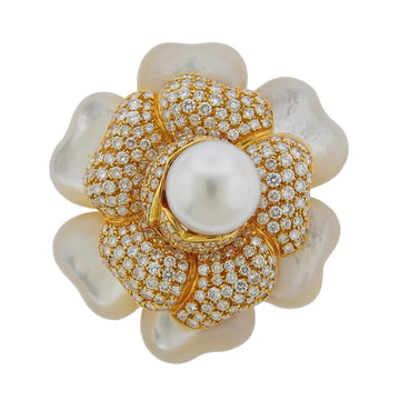 South Sea Pearl Diamond Mother of Pearl Gold Flower Brooch Pin