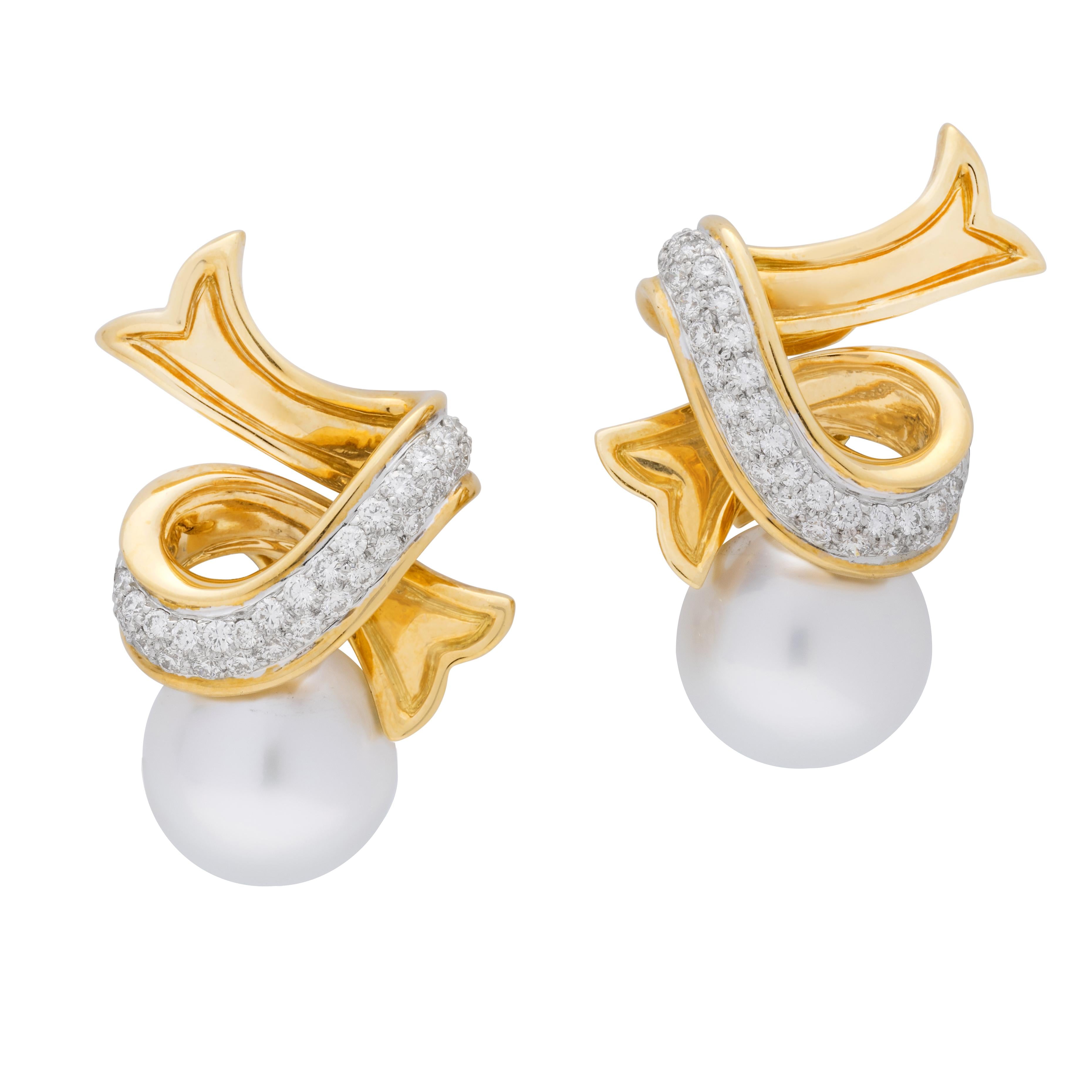 Angela Cummings Cultured Pearl, Diamond and Gold Clip-on Earrings