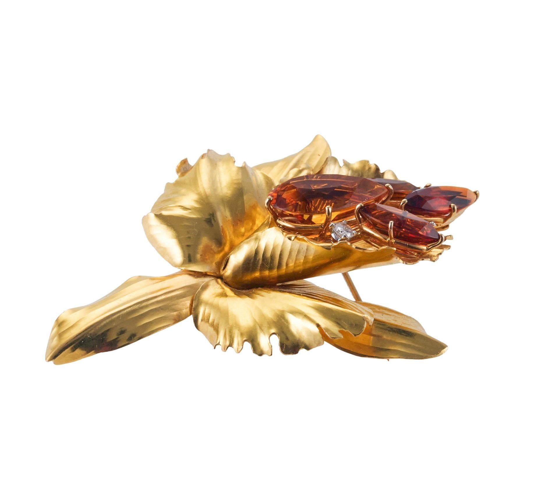 Cartier Citrine Diamond Gold Orchid Flower Brooch