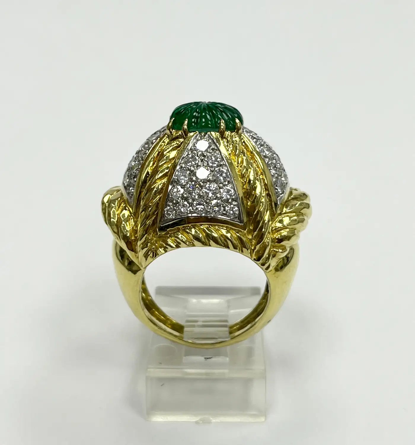 David Webb 18K Gold and Platinum Diamond and Emerald Ring
